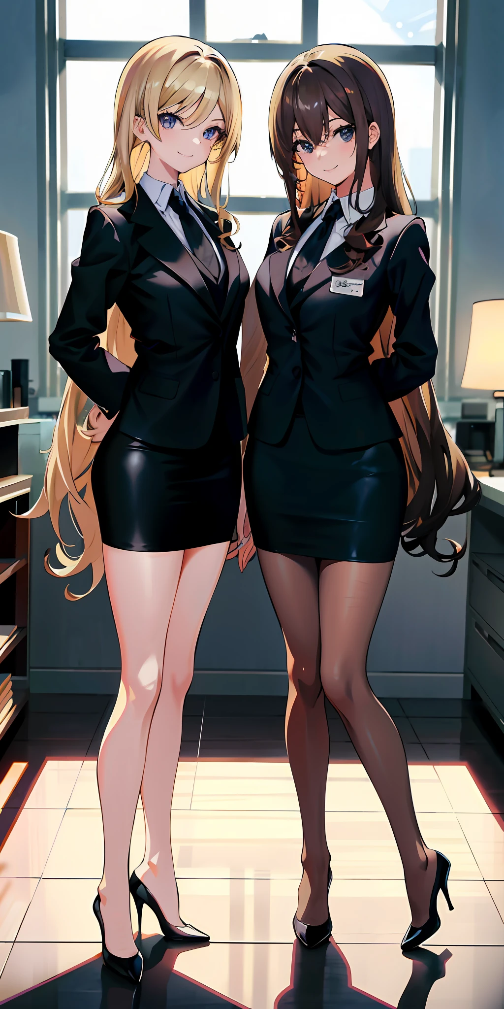 perfect anime illustration,  girls, medium breasts, 2girls, (1 blonde girl, 1 brown haired girl), twin sisters, rich girls, brown hair, blonde hair, curly hair, long hair, different hair colors, hazel eyes, smiling, white skin, ((business attire, black skirt suits, black pencil skirts, bare legs, black high heels, matching outfits)), highres, bedroom, full body