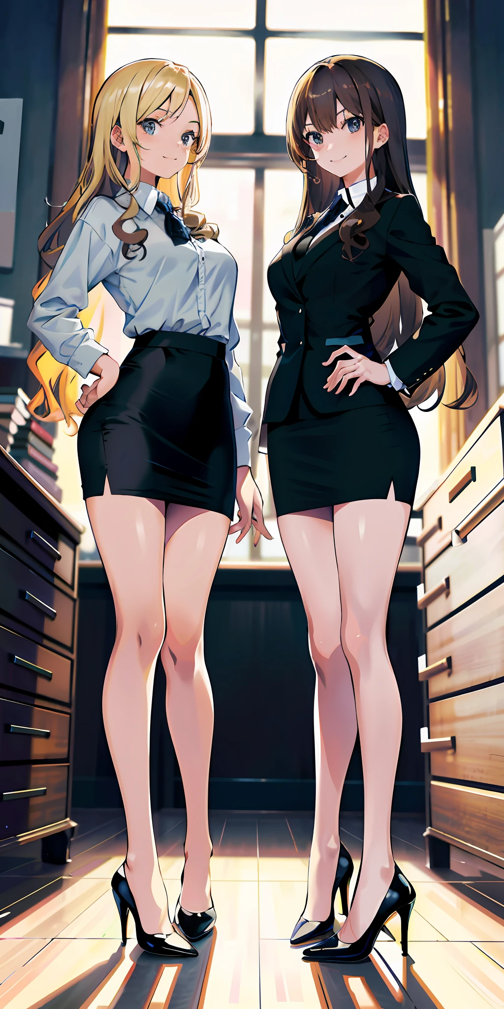 perfect anime illustration,  girls, medium breasts, 2girls, (1 blonde girl, 1 brown haired girl), twin sisters, rich girls, brown hair, blonde hair, curly hair, long hair, different hair colors, hazel eyes, smiling, white skin, ((business attire, black skirt suits, black pencil skirts, bare legs, black high heels, matching outfits)), highres, bedroom, full body