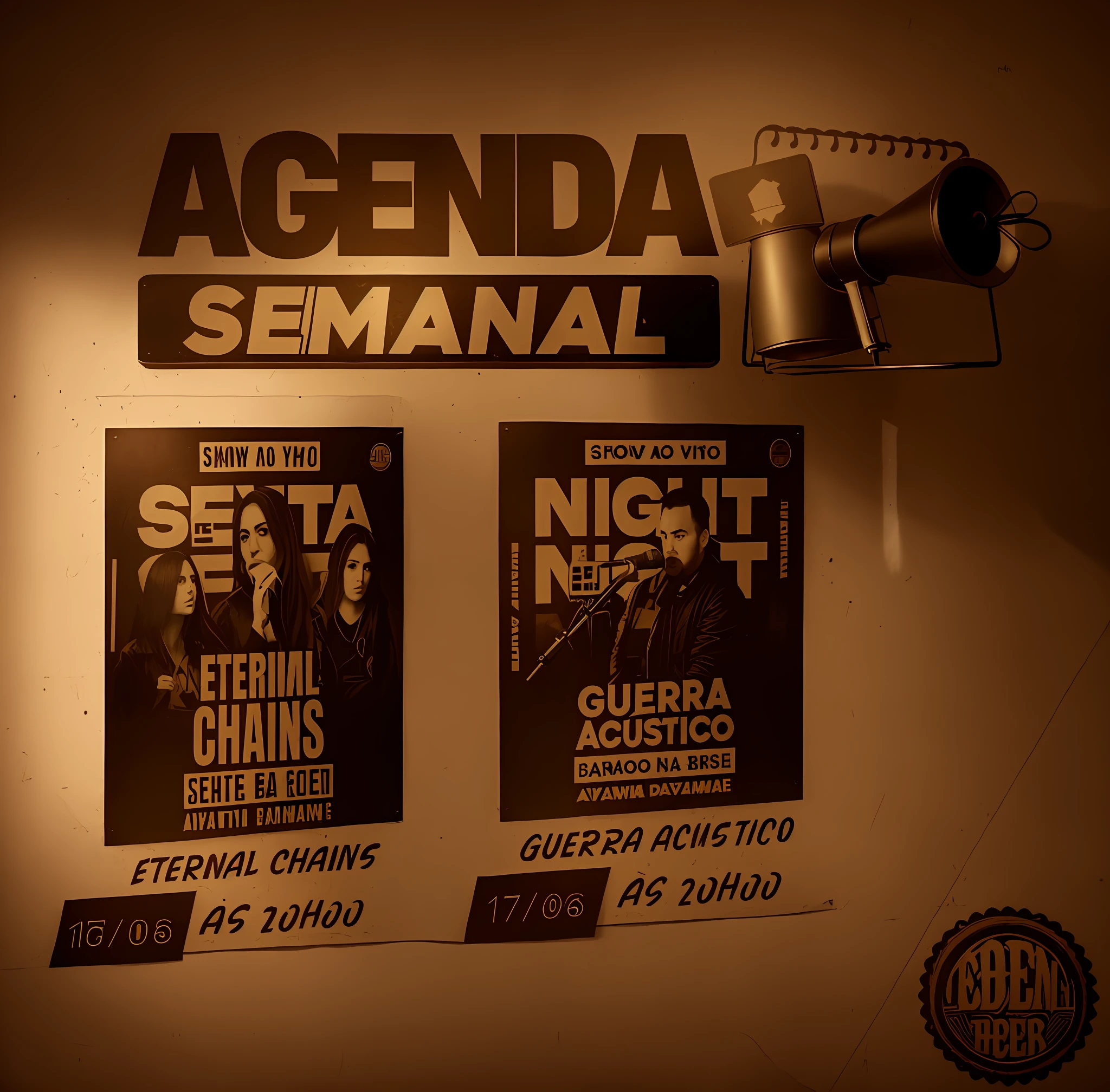 there are two posters on the wall with a megaphone and a notepad, promo, nigth, album, promo material, by Fernando Gerassi, by Ric Estrada, ad image, night!, by Robert Combas, event, epk, desna, poster!!!, by Bernard Accama, sepia, sepia tone, youtube thumbnail