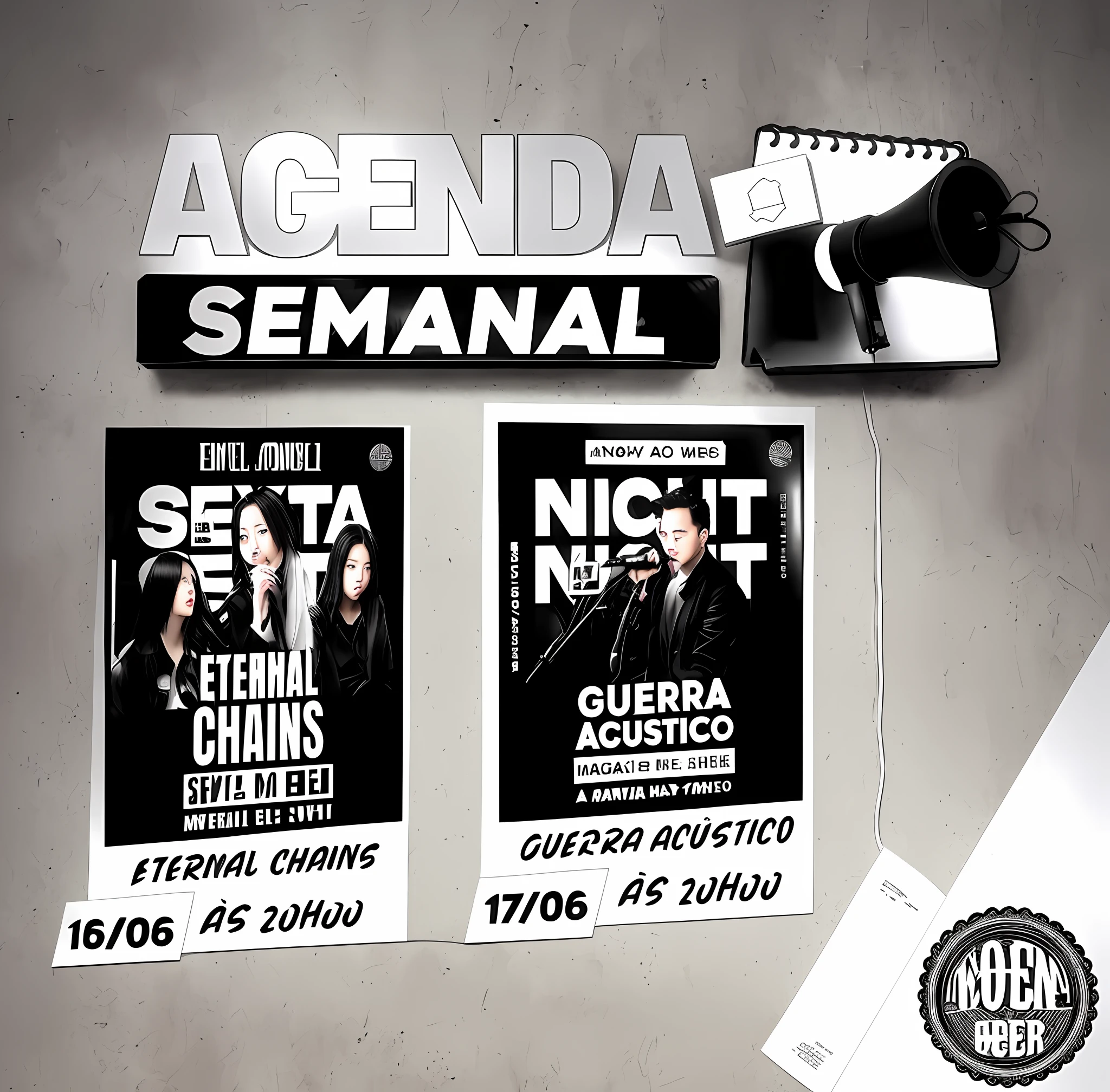 Weekly Agenda - no more than this week, musical concert, live show, music, manga tones, promo, ad image, black and white, black, monthly agenda, poster