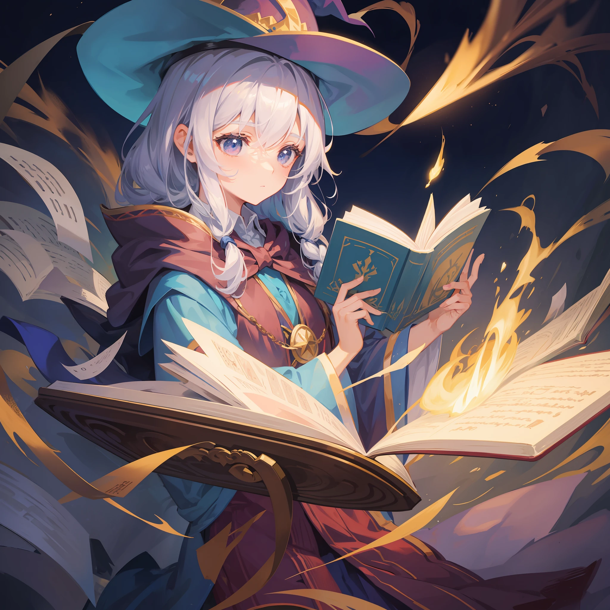 A wizard girl is casting a spell with a book in her hand.