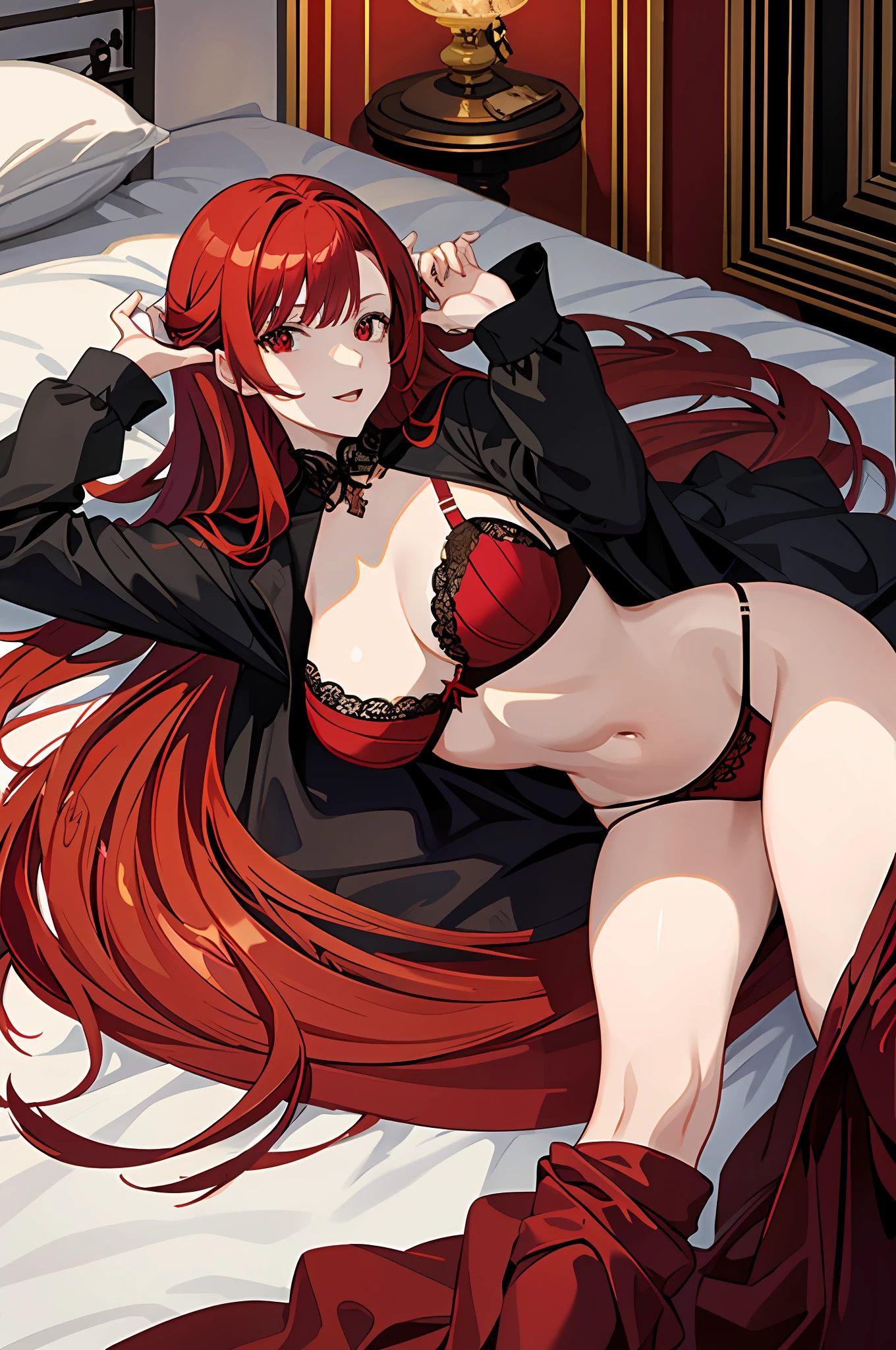 masterpiece, best quality, anime girl, lying on sexy bed, transparent bra, long red hair, red eyes, lots of enjoyment arrogant laugh, big breasts