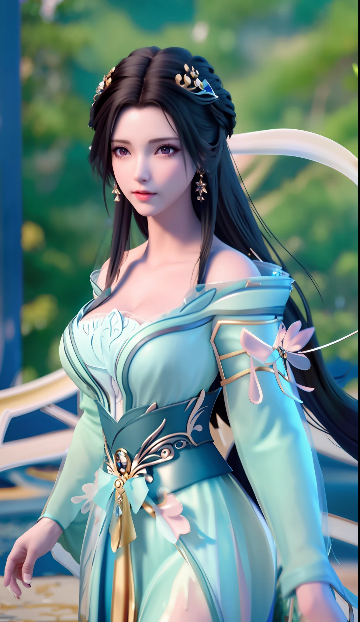 blurred background, highest quality, close-up of a woman, perfect face, perfect figure, alluring, charming, ultra hd, textured skin, super detail, 8k, super fine, big breasts, super breasts, god milk, cleavage, 3dcg, 3d rendered character 8k, cg fantasy, cgstation, anime, surrealism, semi-nude, translucent
