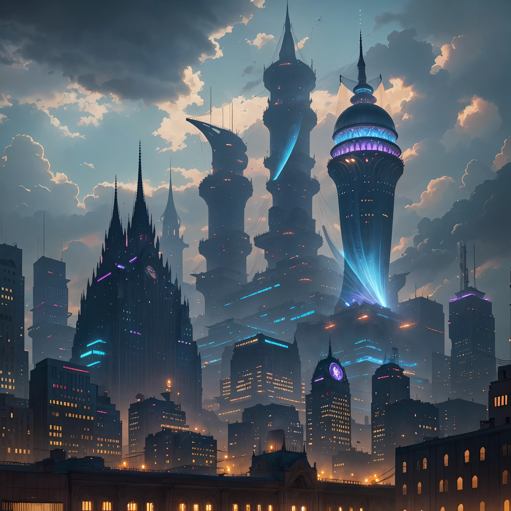 A sprawling metropolis floating high in the clouds, accessible only by massive airships or flying creatures. The city is a blend of classic architecture and techno-futurism, with ornate spires and domed buildings made of shimmering metal and advanced composites. The streets are lined with glowing neon signs and holographic displays that advertise everything from exotic foods to futuristic gadgets. The buildings themselves are connected by bridges and suspended walkways, giving the city a web-like structure that seems almost organic. At the very center of the city, surrounded by a moat of clouds, stands a towering castle made entirely of transparent crystal. The castle emits a brilliant light that can be seen from miles away, acting as both a beacon for travelers and a symbol of the city's power and influence. It's a breathtaking sight that seems almost too fantastical to be real. --auto --s2