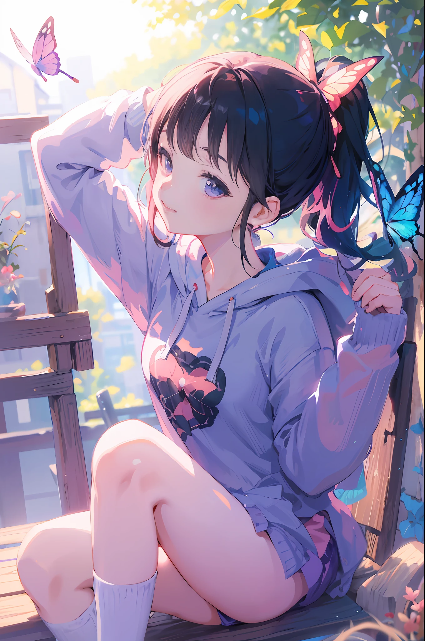 anime girl sitting on a bench with a camera and butterfly, anime style 4 k, anime moe artstyle, anime art wallpaper 4 k, anime art wallpaper 4k, artwork in the style of guweiz, cute anime girl, ilya kuvshinov. 4 k, anime art wallpaper 8 k, 4k anime wallpaper, beautiful anime girl squatting