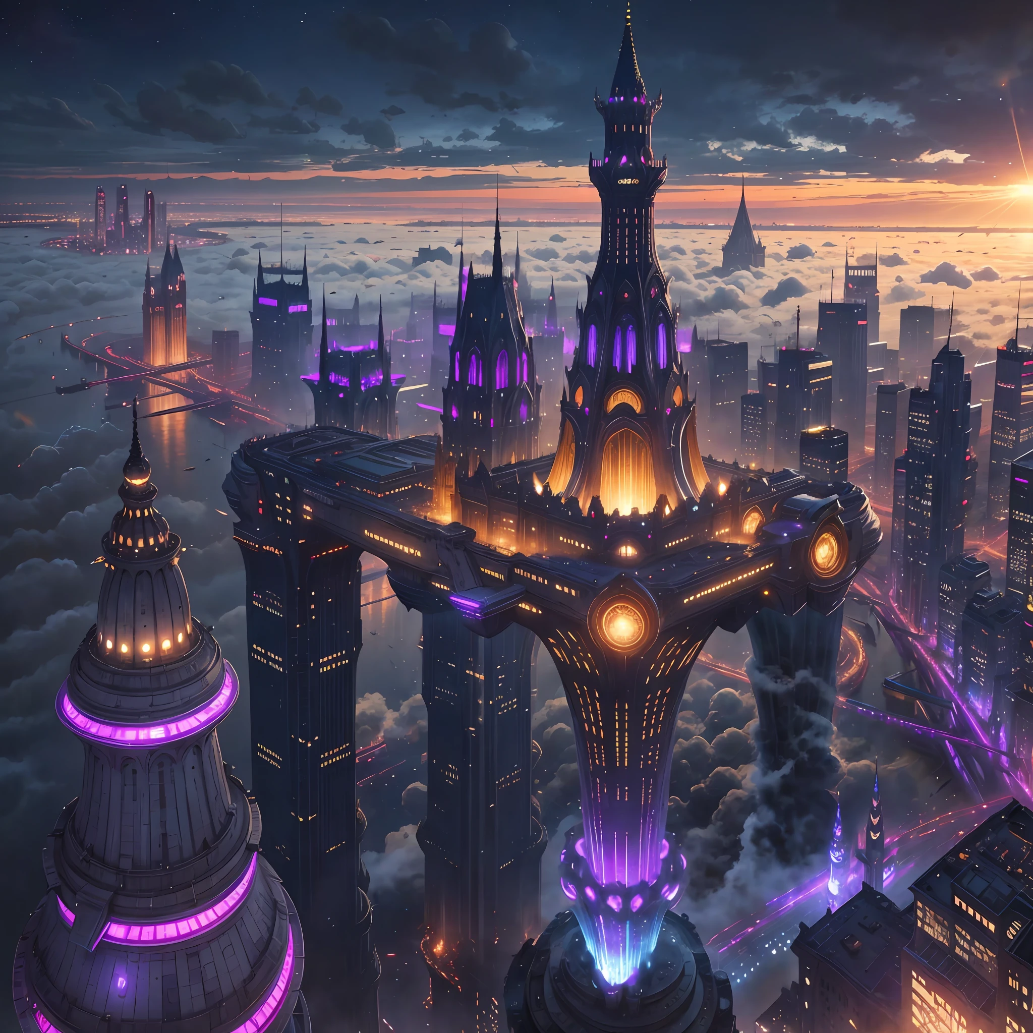 A sprawling metropolis floating high in the clouds, accessible only by massive airships or flying creatures. The city is a blend of classic architecture and techno-futurism, with ornate spires and domed buildings made of shimmering metal and advanced composites. The streets are lined with glowing neon signs and holographic displays that advertise everything from exotic foods to futuristic gadgets. The buildings themselves are connected by bridges and suspended walkways, giving the city a web-like structure that seems almost organic. At the very center of the city, surrounded by a moat of clouds, stands a towering castle made entirely of transparent crystal. The castle emits a brilliant light that can be seen from miles away, acting as both a beacon for travelers and a symbol of the city's power and influence. It's a breathtaking sight that seems almost too fantastical to be real. --auto --s2