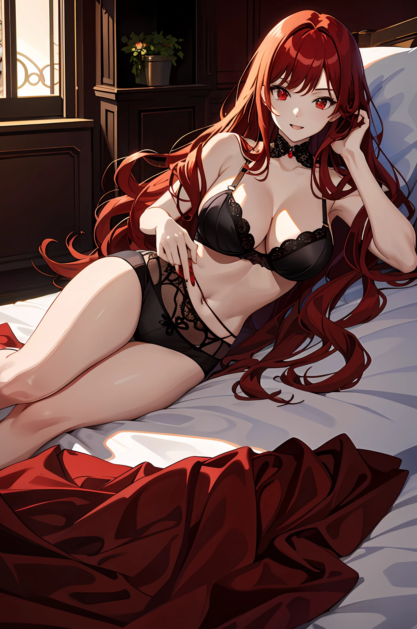 masterpiece, best quality, anime girl, lying on sexy bed, transparent bra, long red hair, red eyes, lots of enjoyment arrogant laugh, big breasts