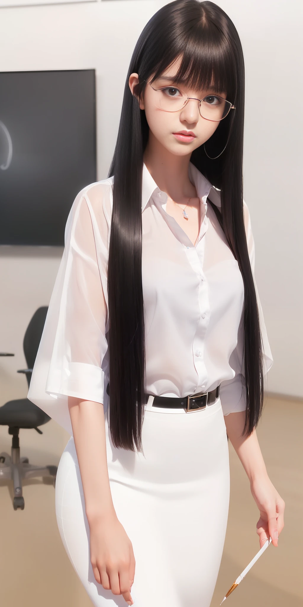 ((realistic, 1girl, shy, long straight black hair, bangs, flawless face, teenage office background, baby fat, glowing eyes, semi-rimless glasses, white shirt, pencil skirt, pantyhose, (blush, blush), fantasy art, ethereal beauty, 8k high quality detail art, beautiful fantasy, beautiful youth, guweiz, cgstation trend))