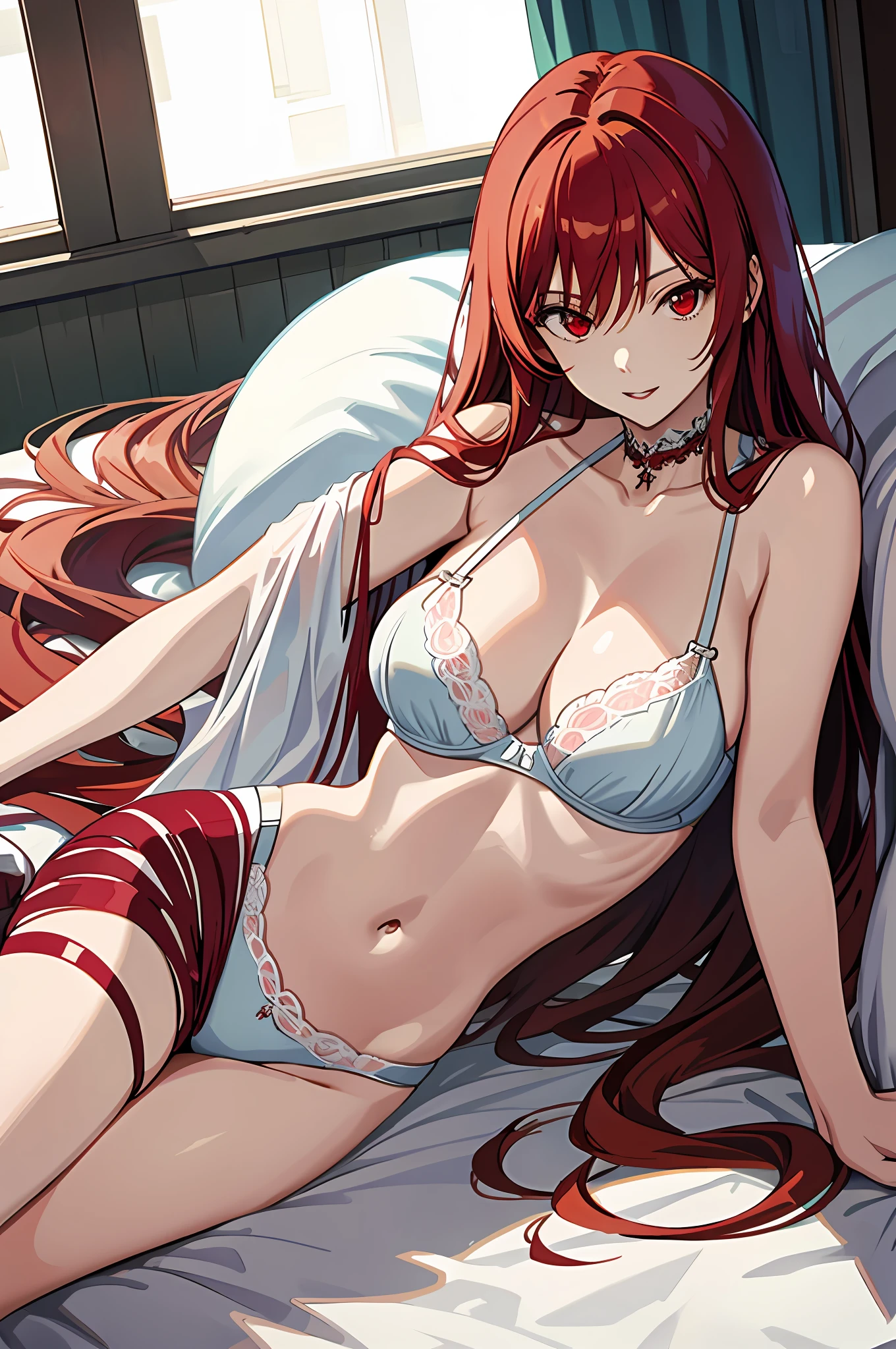 masterpiece, best quality, anime girl, lying on sexy bed, transparent bra, long red hair, red eyes, lots of enjoyment arrogant laugh, big breasts