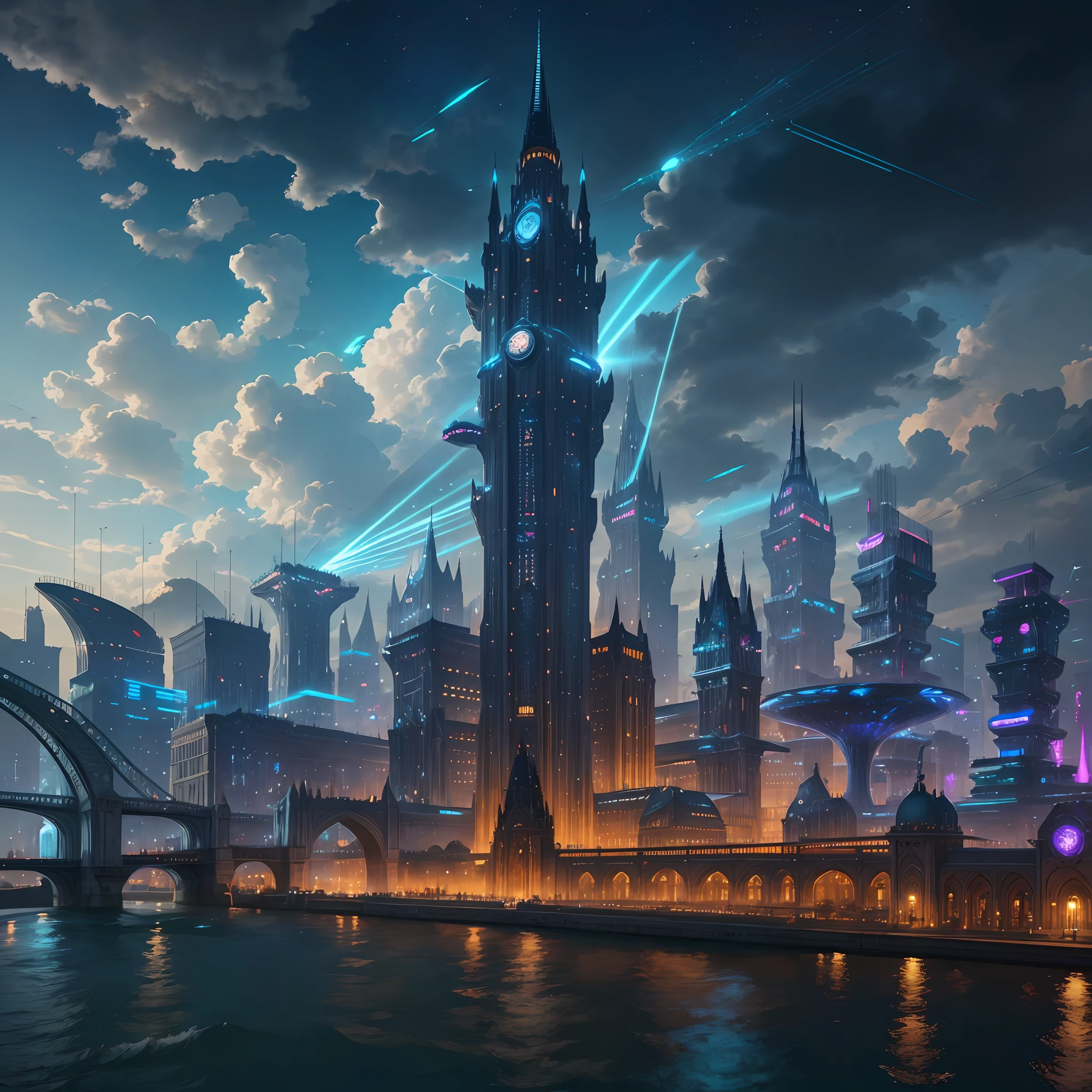 A sprawling metropolis floating high in the clouds, accessible only by massive airships or flying creatures. The city is a blend of classic architecture and techno-futurism, with ornate spires and domed buildings made of shimmering metal and advanced composites. The streets are lined with glowing neon signs and holographic displays that advertise everything from exotic foods to futuristic gadgets. The buildings themselves are connected by bridges and suspended walkways, giving the city a web-like structure that seems almost organic. At the very center of the city, surrounded by a moat of clouds, stands a towering castle made entirely of transparent crystal. The castle emits a brilliant light that can be seen from miles away, acting as both a beacon for travelers and a symbol of the city's power and influence. It's a breathtaking sight that seems almost too fantastical to be real. --auto --s2