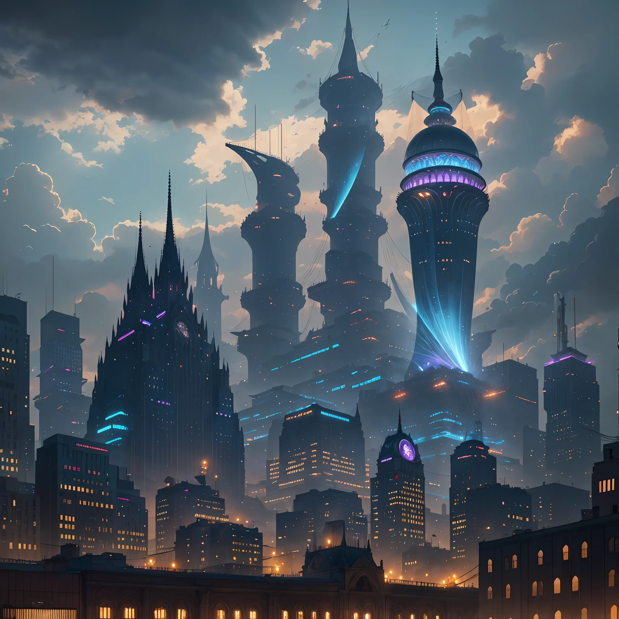 A sprawling metropolis floating high in the clouds, accessible only by massive airships or flying creatures. The city is a blend of classic architecture and techno-futurism, with ornate spires and domed buildings made of shimmering metal and advanced composites. The streets are lined with glowing neon signs and holographic displays that advertise everything from exotic foods to futuristic gadgets. The buildings themselves are connected by bridges and suspended walkways, giving the city a web-like structure that seems almost organic. At the very center of the city, surrounded by a moat of clouds, stands a towering castle made entirely of transparent crystal. The castle emits a brilliant light that can be seen from miles away, acting as both a beacon for travelers and a symbol of the city's power and influence. It's a breathtaking sight that seems almost too fantastical to be real. --auto --s2