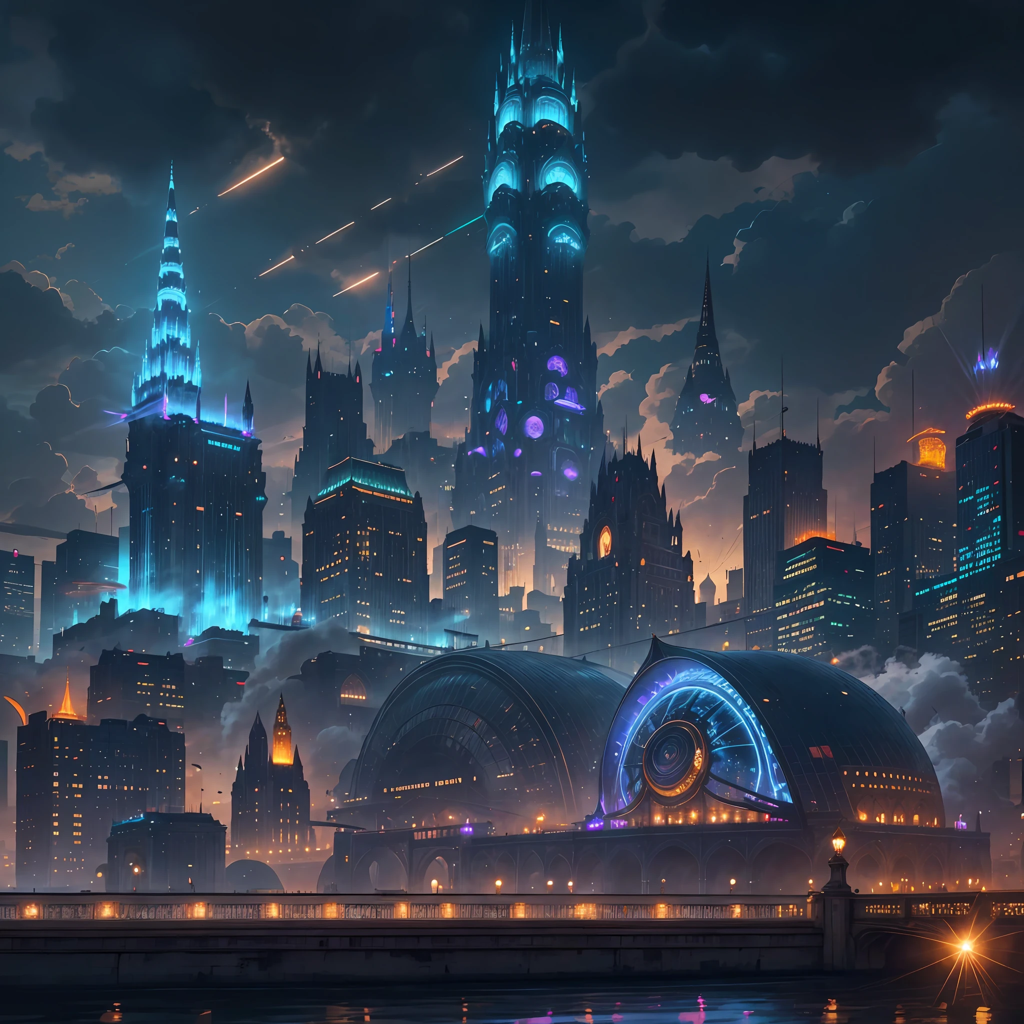 A sprawling metropolis floating high in the clouds, accessible only by massive airships or flying creatures. The city is a blend of classic architecture and techno-futurism, with ornate spires and domed buildings made of shimmering metal and advanced composites. The streets are lined with glowing neon signs and holographic displays that advertise everything from exotic foods to futuristic gadgets. The buildings themselves are connected by bridges and suspended walkways, giving the city a web-like structure that seems almost organic. At the very center of the city, surrounded by a moat of clouds, stands a towering castle made entirely of transparent crystal. The castle emits a brilliant light that can be seen from miles away, acting as both a beacon for travelers and a symbol of the city's power and influence. It's a breathtaking sight that seems almost too fantastical to be real. --auto --s2