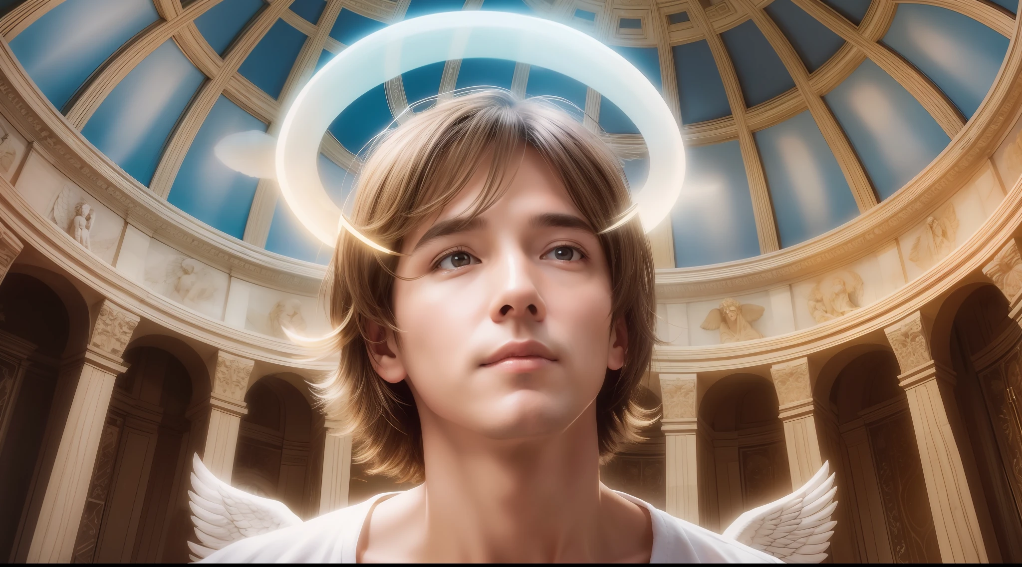 Angelic man with halo looking up