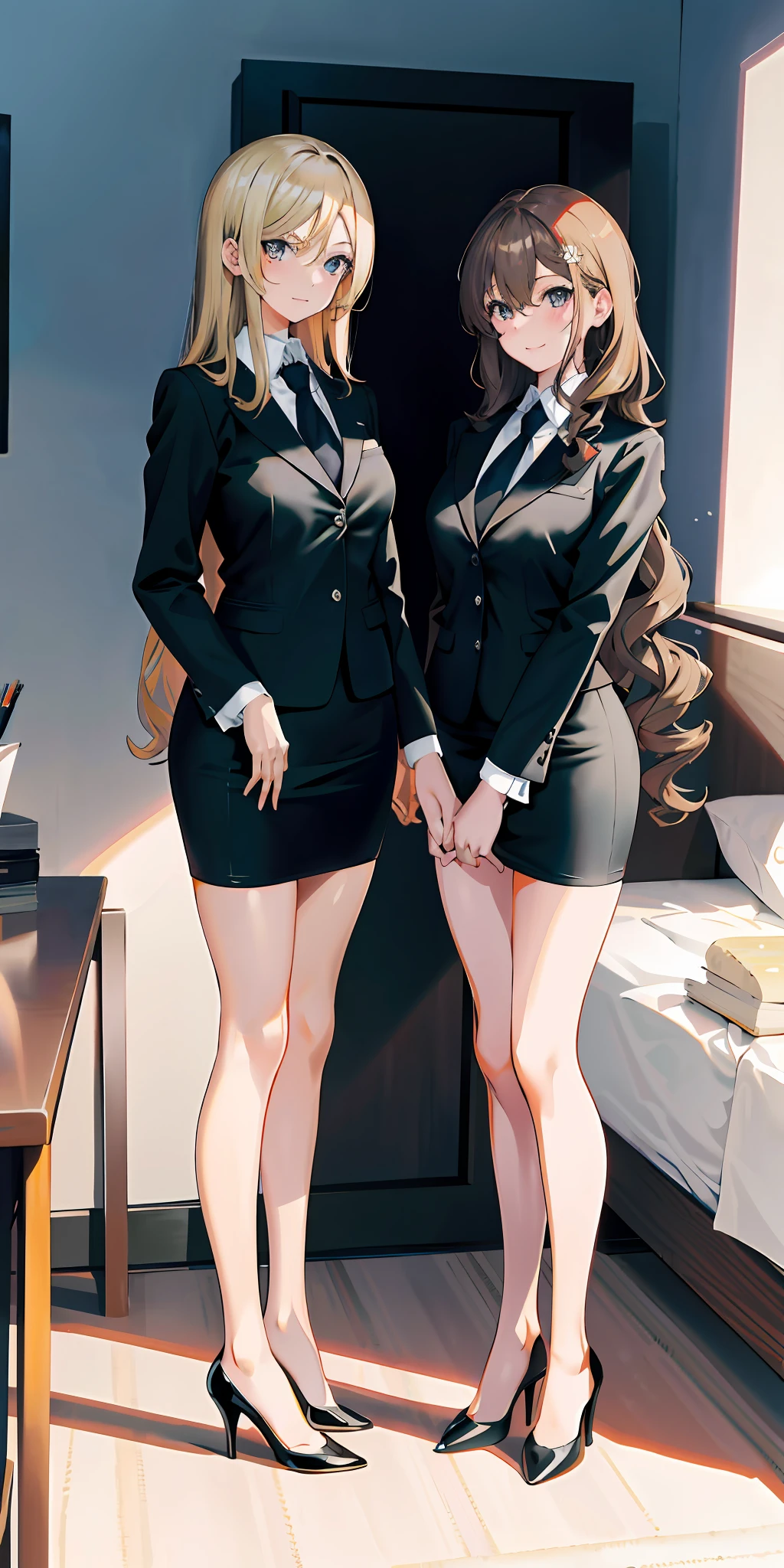 perfect anime illustration, girls, medium breasts, 2girls, (1 blonde girl, 1 brown haired girl), twin sisters, rich girls, brown hair, blonde hair, curly hair, long hair, different hair colors, hazel eyes, smiling, white skin, ((business attire, black skirt suits, black pencil skirts, bare knees, black high heels, matching outfits)), highres, bedroom, full body