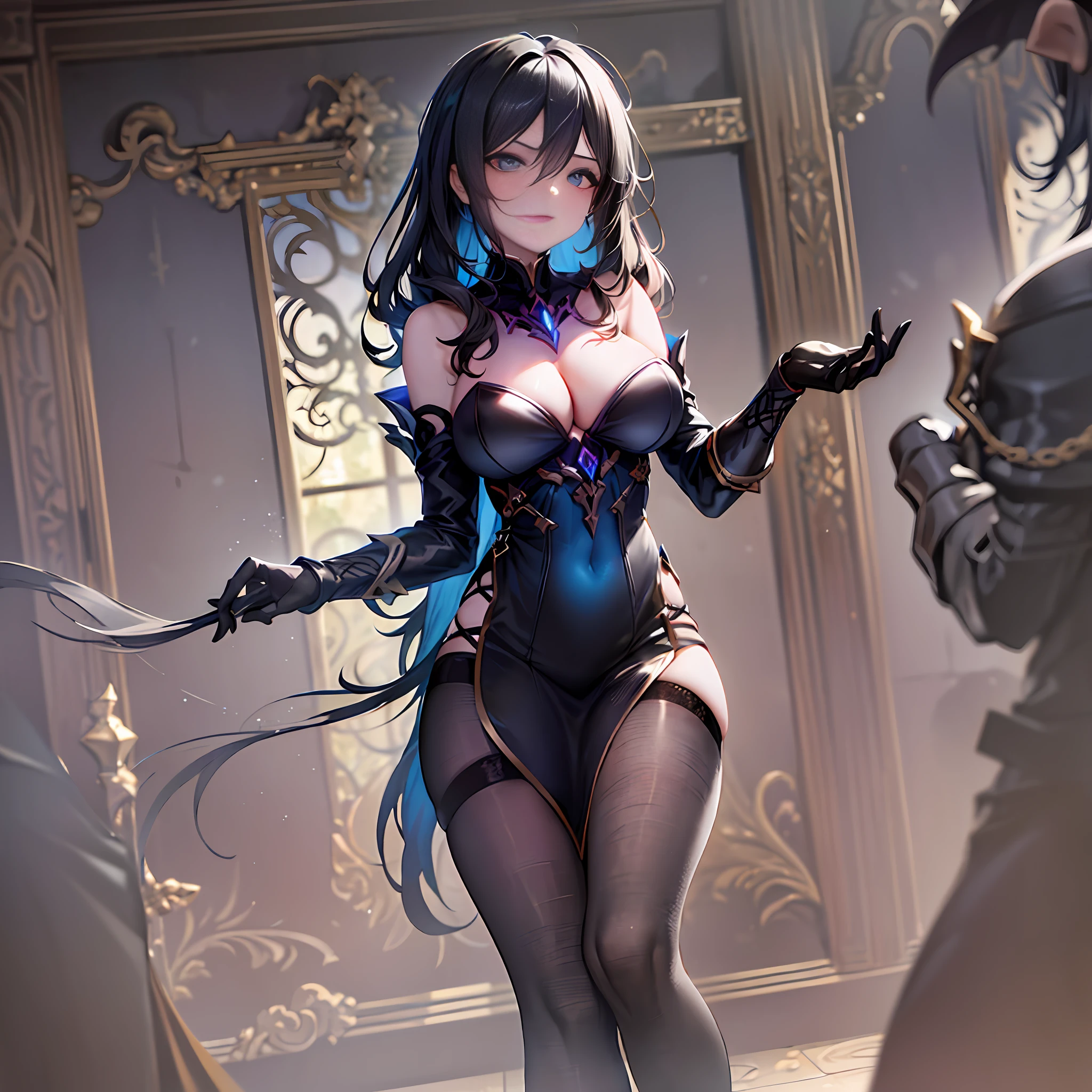 ((fantasy genre)), ((dark fantasy)), ((female character)), ((magic)), ((curves)), ((boxmon)), ((black clothing)), ((villain))((large breasts))((turned legs))((small waist))(ruthless))((sexy))((yummy))((black hair with long and messy blue)) "In the dimly lit chamber, a mysterious figure emerges from the shadows. Dressed in black, she exudes an aura of menace and power. His curves are charming, and his evil figure seems to defy reality. With a wave of her hand, she unleashes a torrent of black magic, filling the room with a sinister glow.