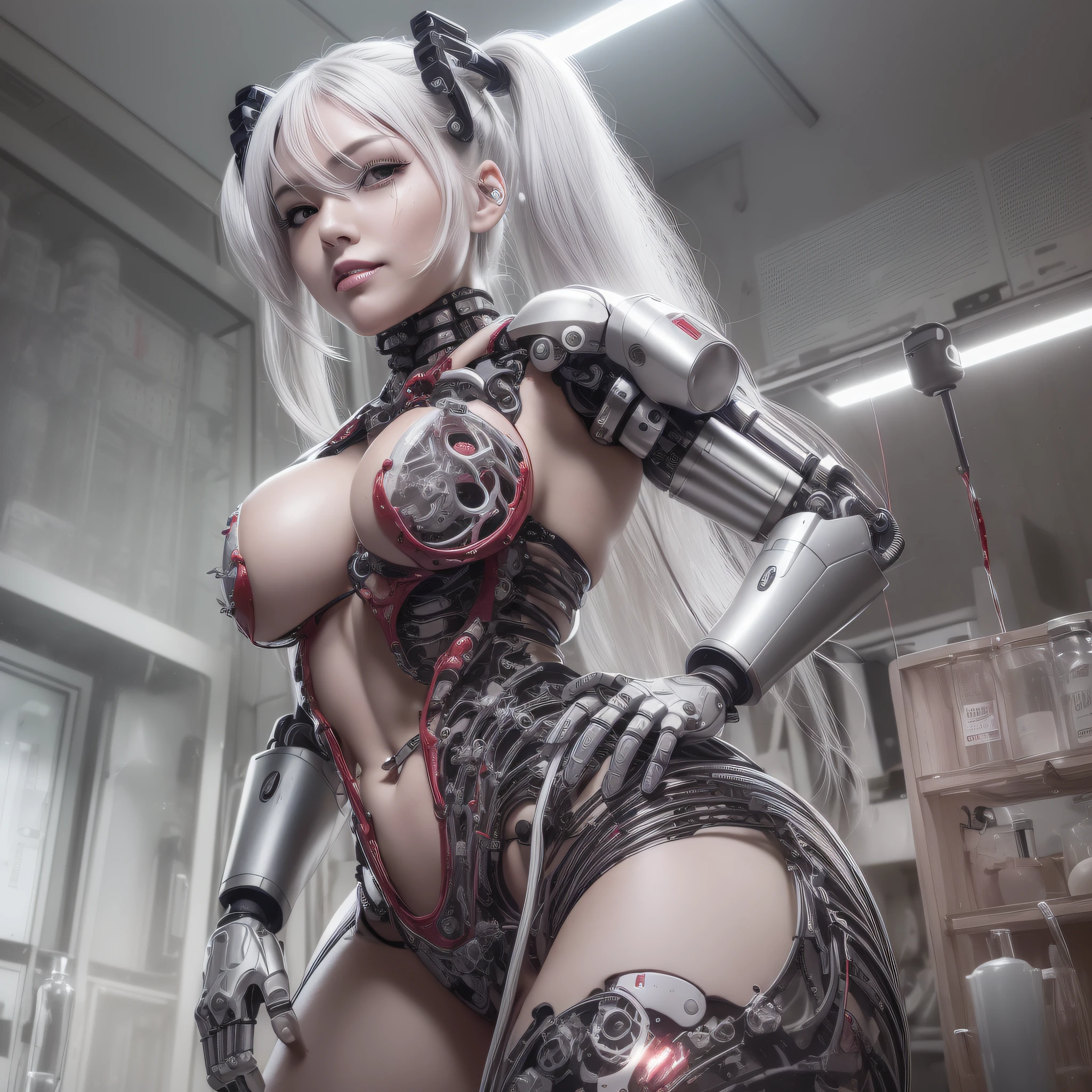 Beautiful Face,face is Japan, 1 Female, Big, Curvaceous, Top Quality, Masterpiece, Ultra Detailed, (Tube Attached Blood Vessel)((Bikini Cyborg Robot Parts)))), (Light Grey Hair), Long Hair, Wavy Hair, Twin Tails, Medium Shot, (((Seductive Smile)), (Black Eyes), Princess Cut,From Below, (whole body ),posing,,in the laboratory,( blood vessel connected to a tube),((mechanical vertebrae attached to the back)),((mechanical neck attached to the neck)),(wire cable attached to the head and body),(character focus),science fiction,