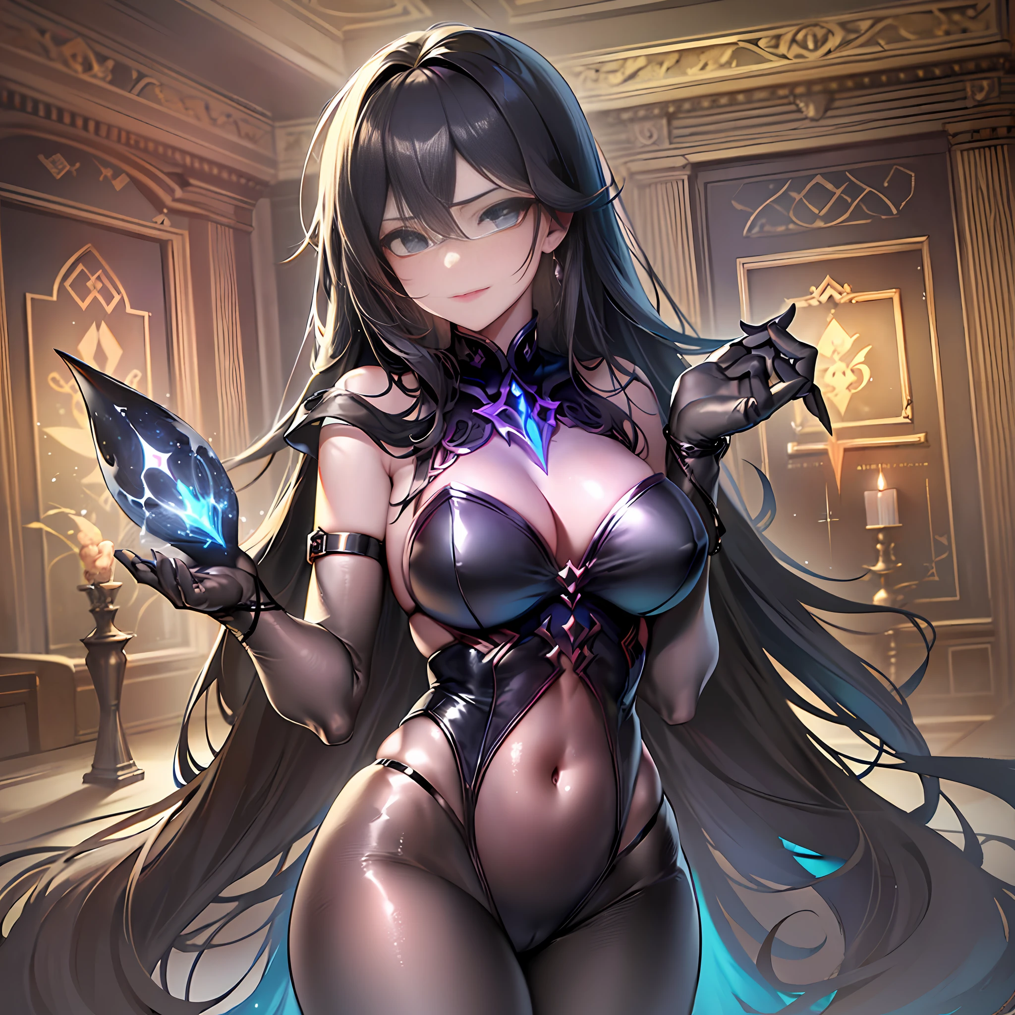 ((fantasy genre)), ((dark fantasy)), ((female character)), ((magic)), ((curves)), ((boxmon)), ((black clothing)), ((villain))((large breasts))((turned legs))((small waist))(ruthless))((sexy))((yummy))((black hair with long and messy blue)) "In the dimly lit chamber, a mysterious figure emerges from the shadows. Dressed in black, she exudes an aura of menace and power. His curves are charming, and his evil figure seems to defy reality. With a wave of her hand, she unleashes a torrent of black magic, filling the room with a sinister glow.