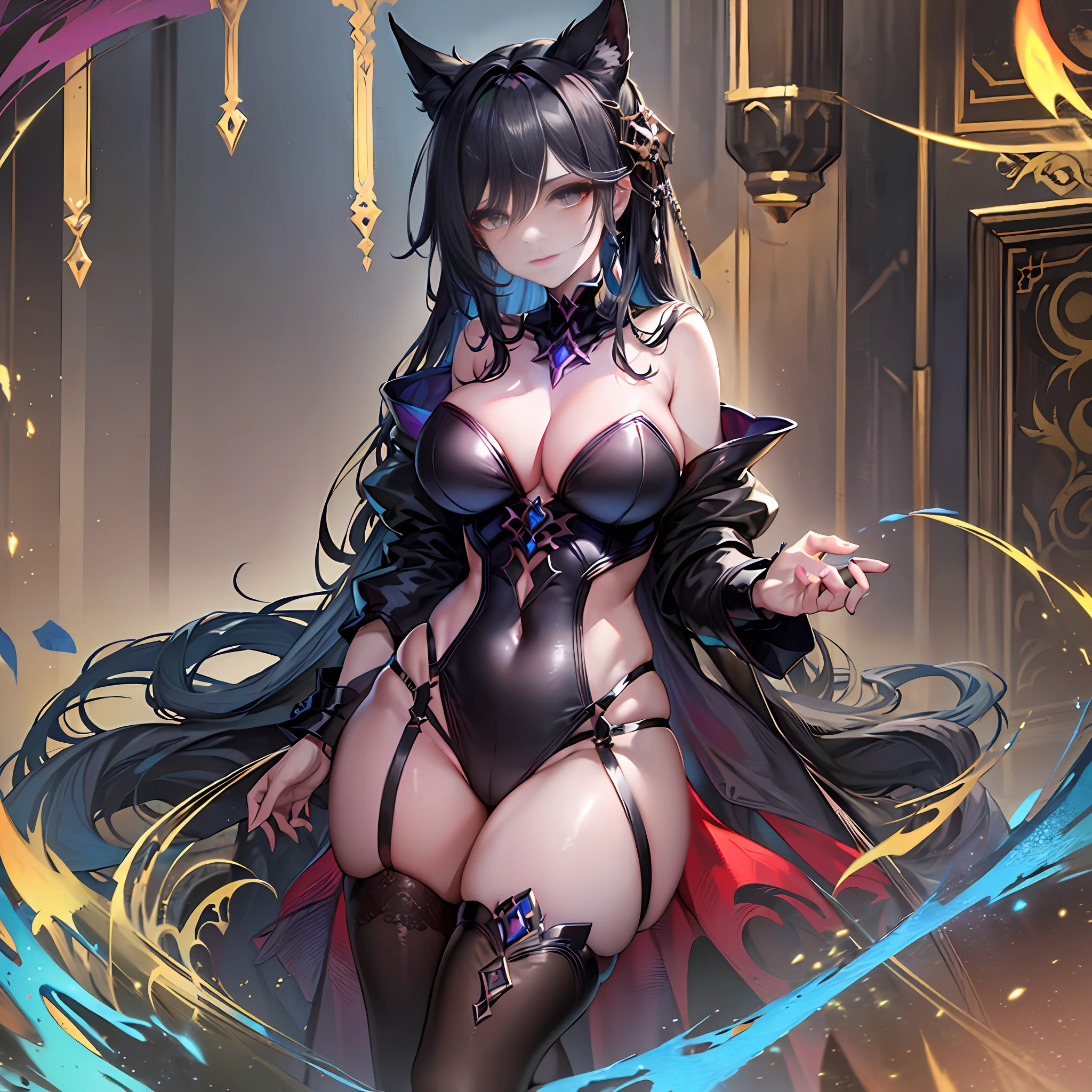 ((fantasy genre)), ((dark fantasy)), ((female character)), ((magic)), ((curves)), ((boxmon)), ((black clothing)), ((villain))((large breasts))((turned legs))((small waist))(ruthless))((sexy))((yummy))((black hair with long and messy blue)) "In the dimly lit chamber, a mysterious figure emerges from the shadows. Dressed in black, she exudes an aura of menace and power. His curves are charming, and his evil figure seems to defy reality. With a wave of her hand, she unleashes a torrent of black magic, filling the room with a sinister glow.