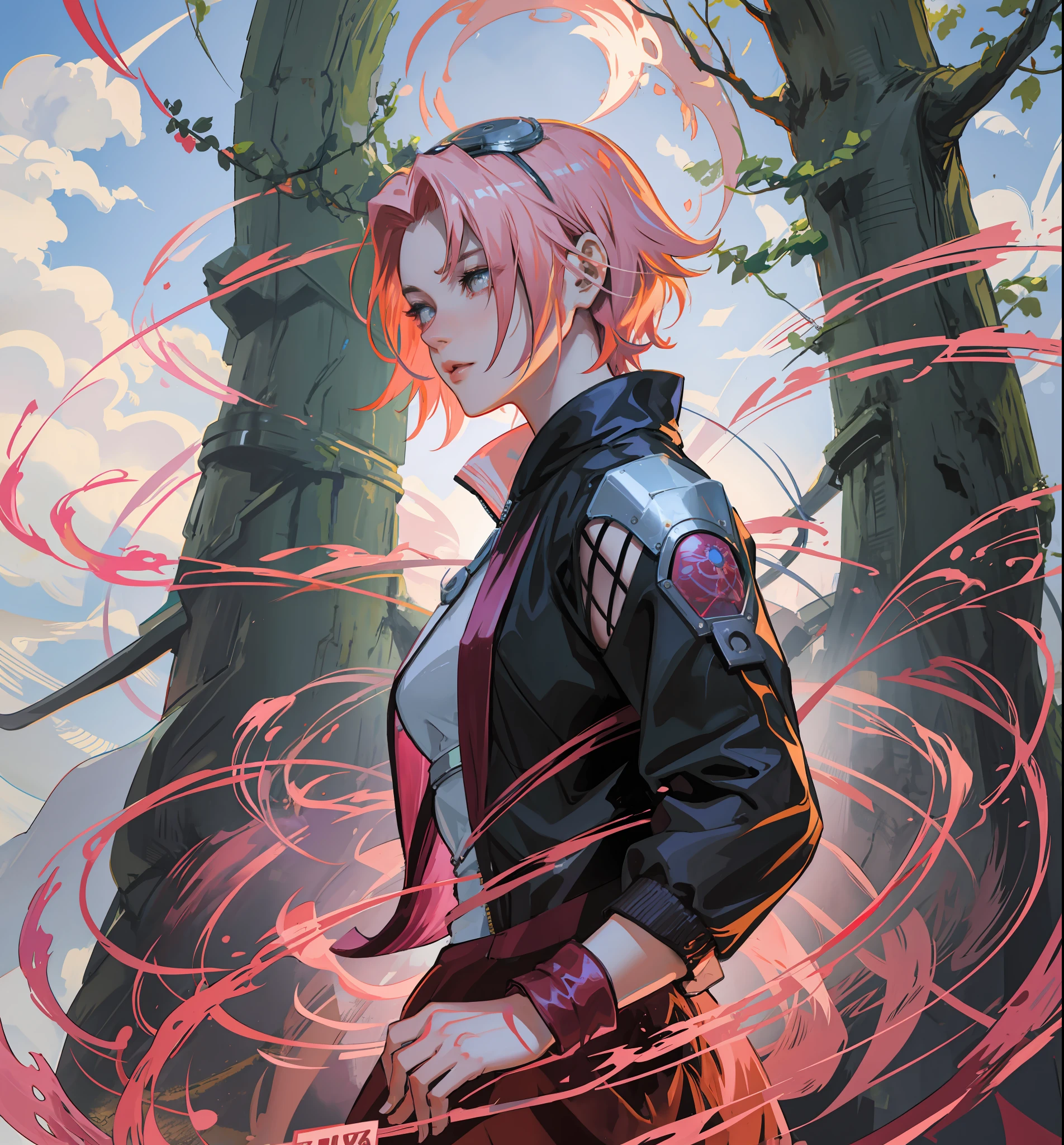 Sakura haruno, ((solo)), alone, ((forehead the show)), elegant, red coat, pink hair, delicate, young, short hair, detailed face, high definition, ((full body)), (flames around you), ((flaming)), fire, fire, in a forest, trend in artstation, by rhads, andreas rocha, rossdraws, makoto shinkai, laurie greasley, lois van baarle, ilya kuvshinov and greg rutkowski