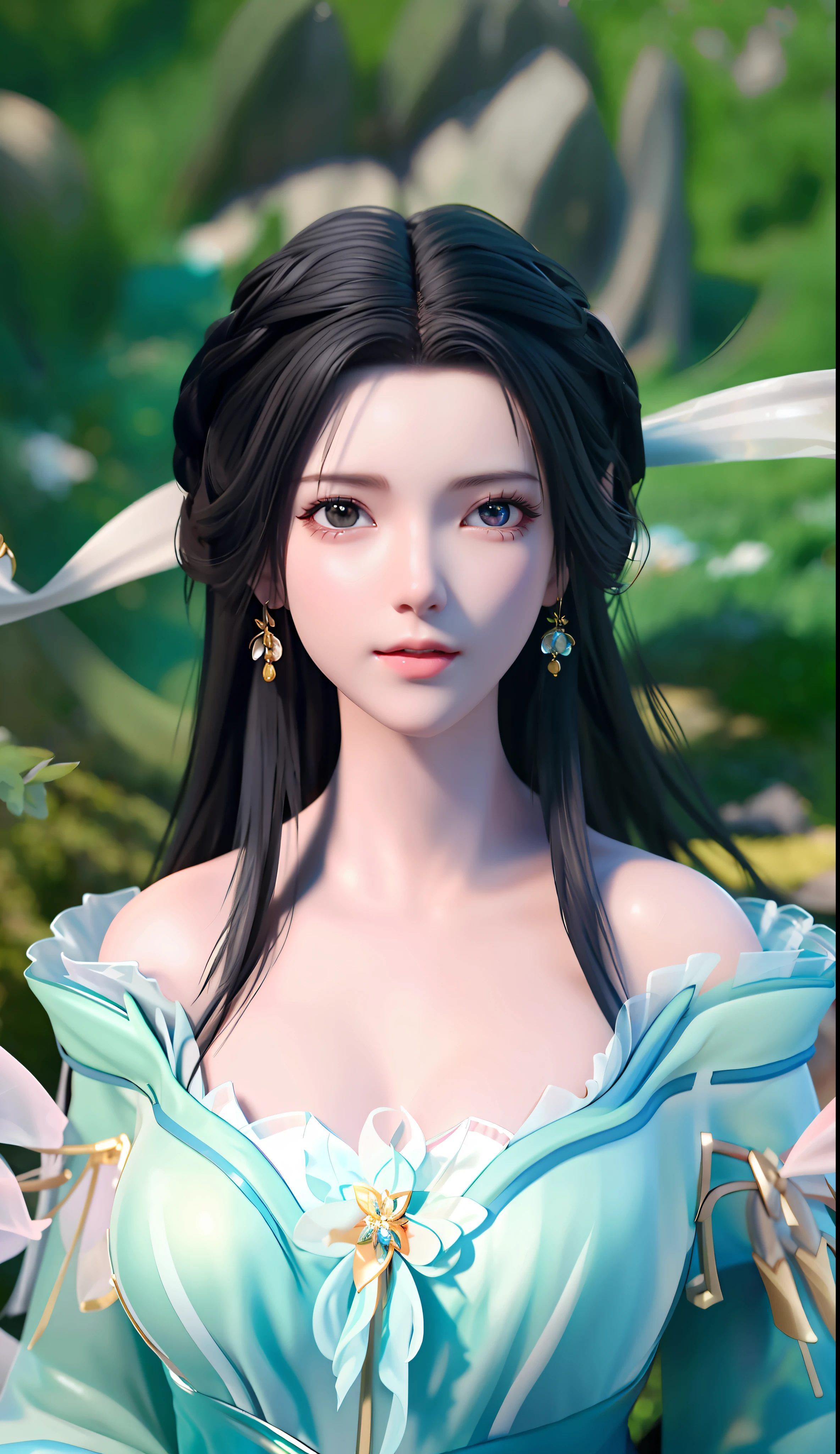 blurred background, highest quality, close-up of a woman, perfect face, perfect figure, alluring, charming, ultra hd, textured skin, super detail, 8k, super fine, big breasts, super breasts, god milk, cleavage, 3dcg, 3d rendered character 8k, cg fantasy, cgstation, anime, surrealism, semi-nude, translucent