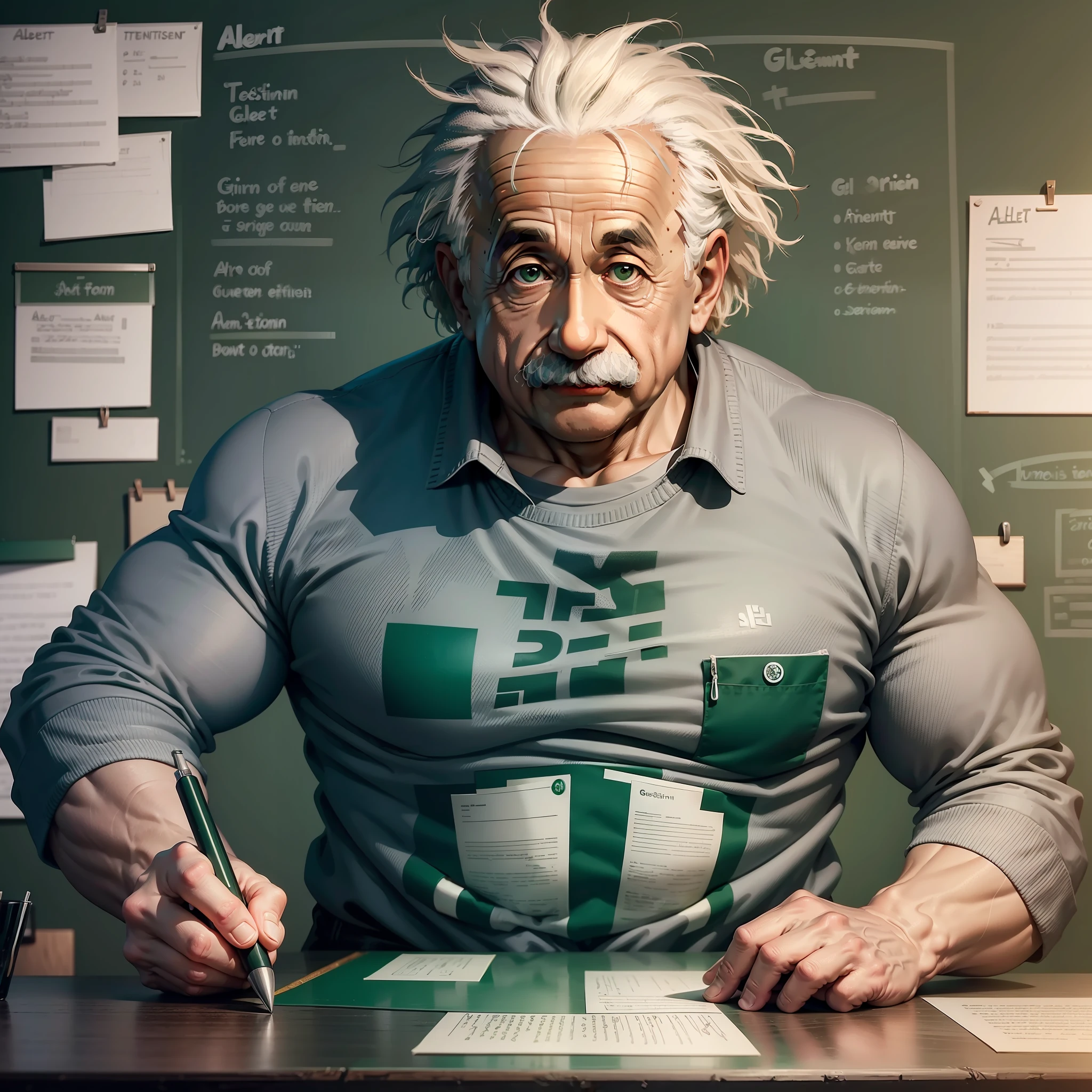 ((Albert Einstein)), ((muscular)), strong, in gray suit, writing on a green board, (full body), green background, green board background, behind Albert a green giant blackboard