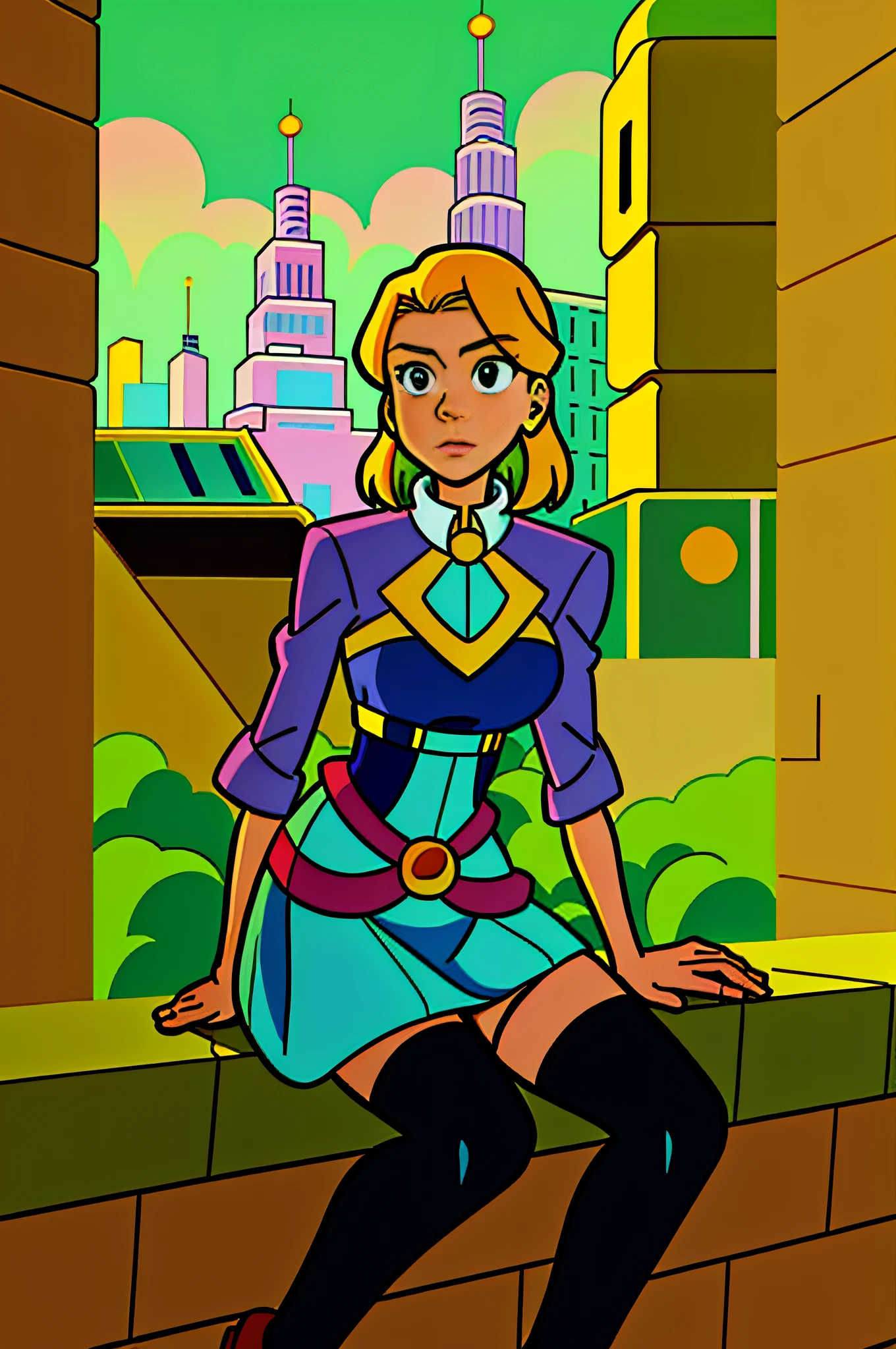 cartoon of a young woman standing in a park with a bird flying overhead, cel-shaded art style, in dress, anime-style, inspired by Leiko Ikemura, in a cartoon style, full body:: sunny weather::, cartoon-style character, flat cartoon style shading, 2D cartoon style, in a park, in american anime style, flat cartoon style