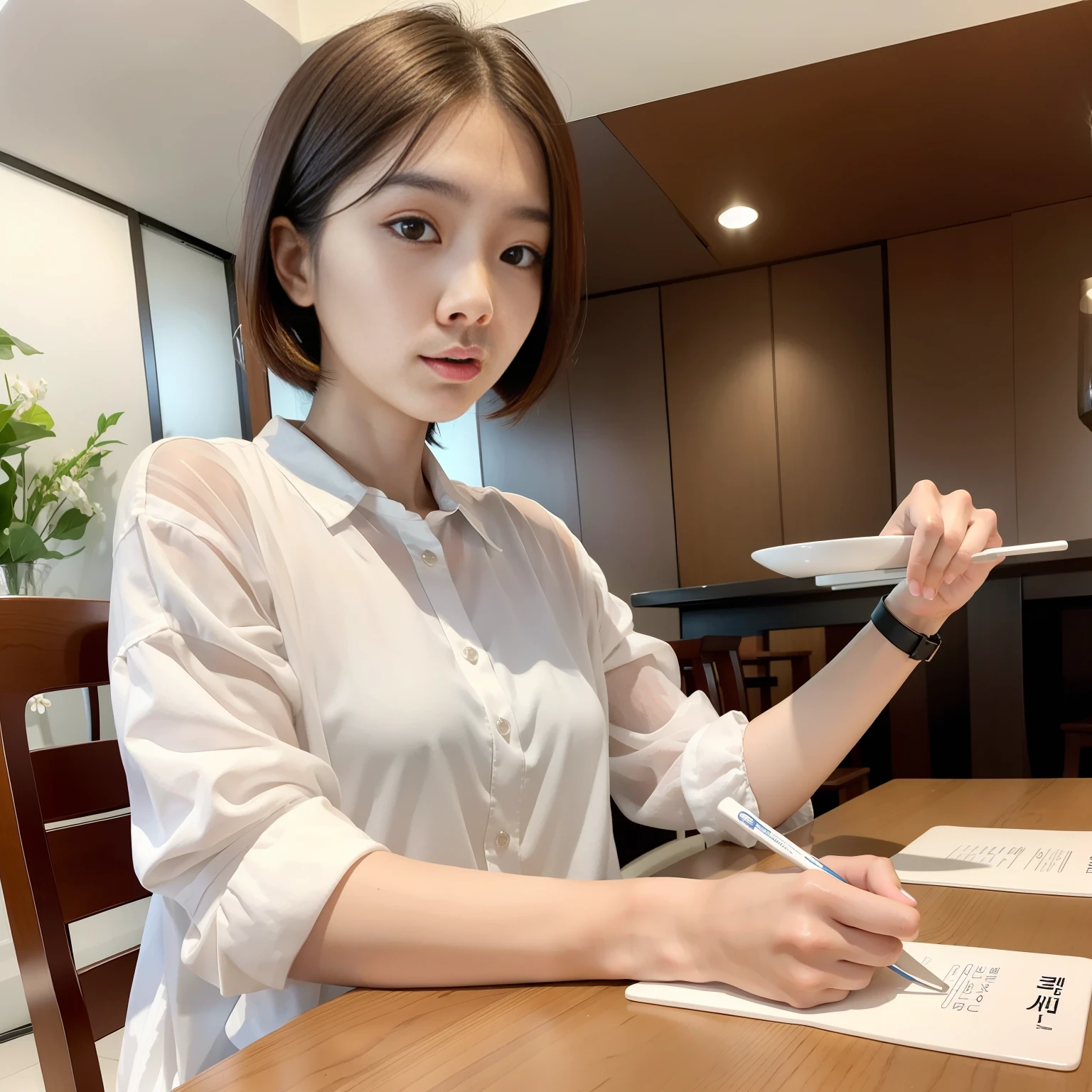 Asian woman in white shirt sitting at table, beautiful Korean woman, beautiful young Korean woman, gorgeous young Korean woman, Korean girl, young adorable Korean face, Korean woman, Korean woman with short hair, Choi Sung-hwa, young cute asian face, Jae Young Nam, adorable Korean face, Lee Ji-eun,