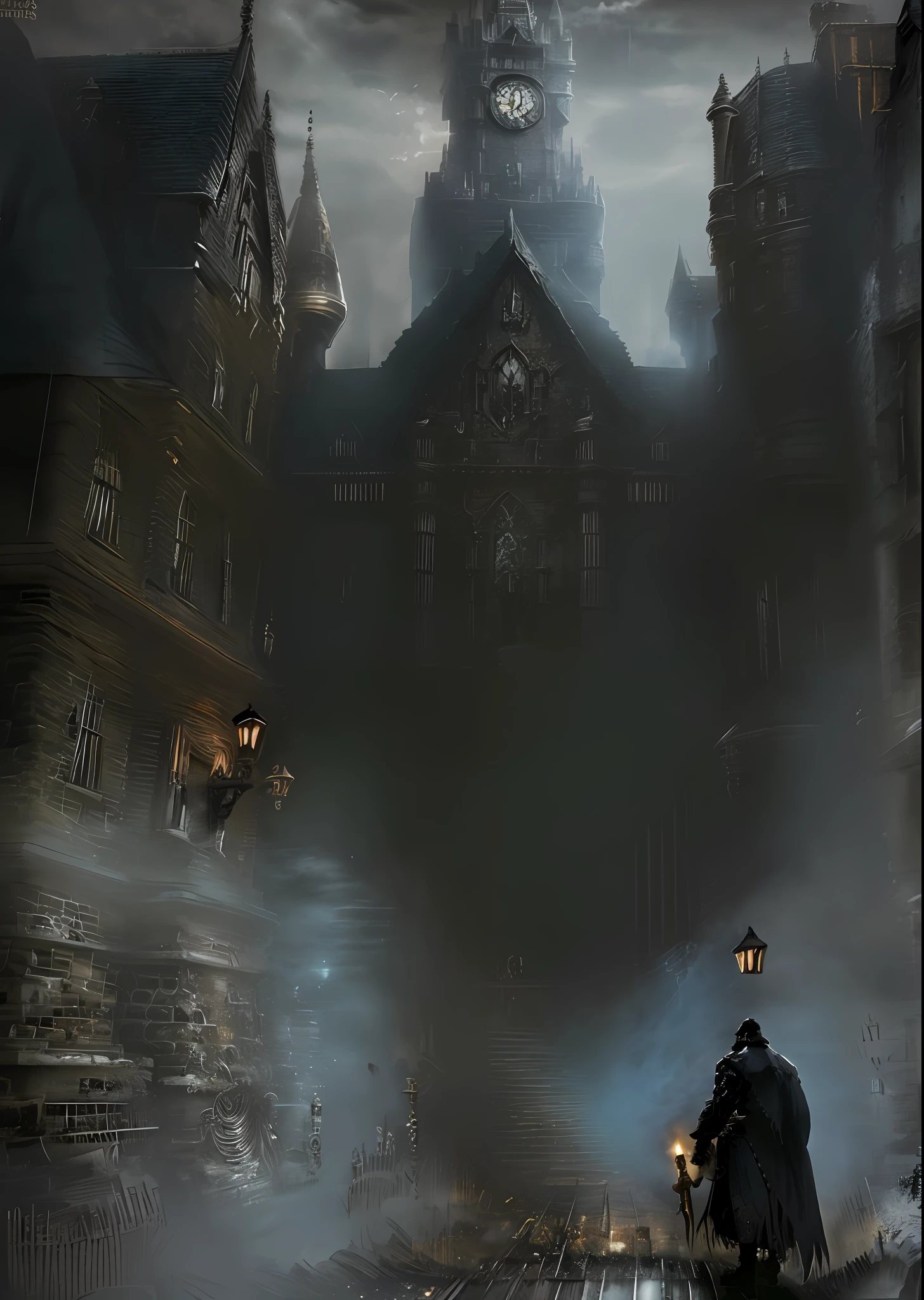 Portrait The order 1886(game), Sir Galahad (The order 1886), Walrus mustache, holding a ray gun in his hands, London street in the Victorian era at night, dark, haunting streets, a man in costumes from Game The Order 1886, costumes in black and gold.
