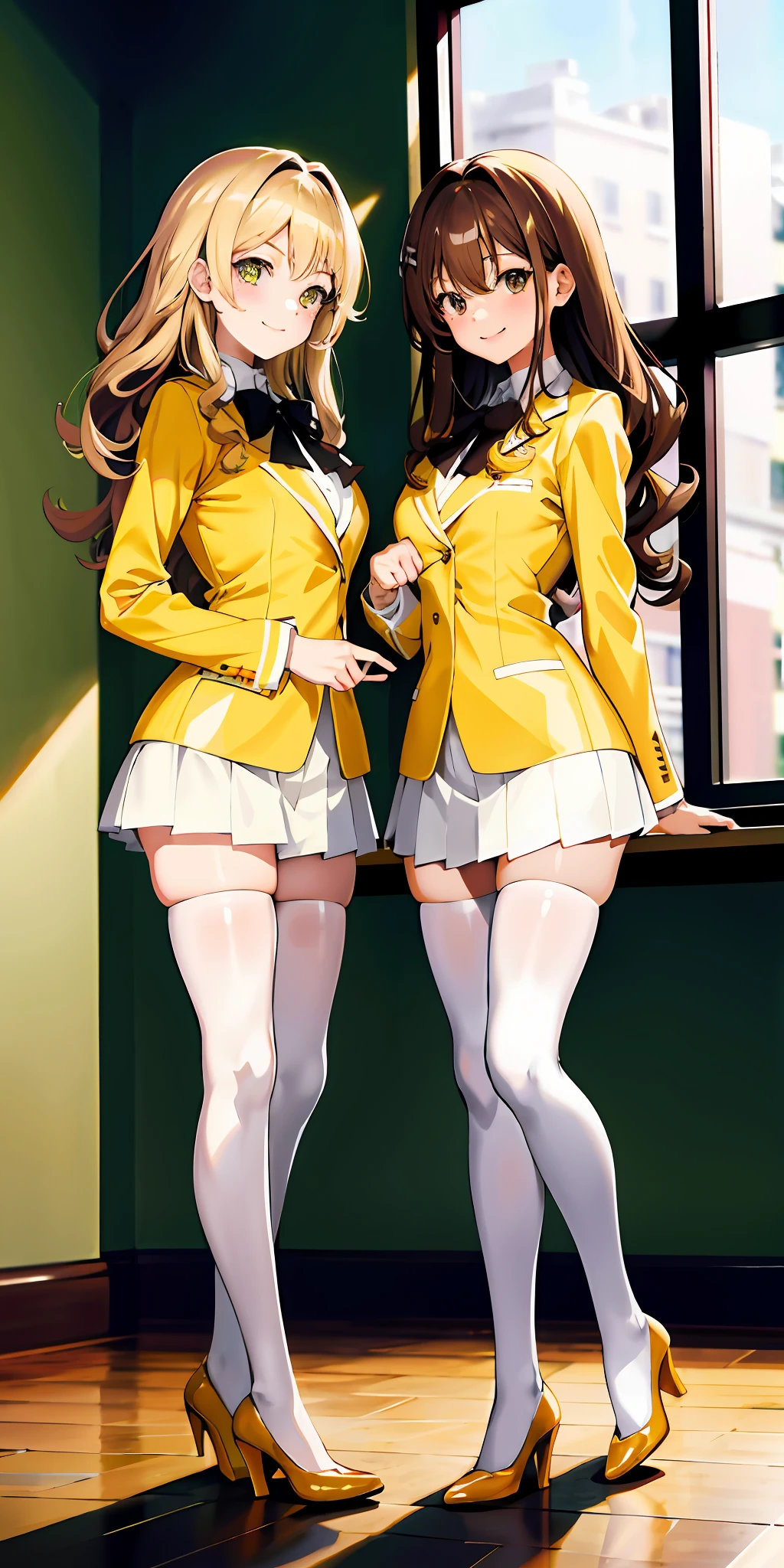 perfect anime illustration, 17 year old girls, medium breasts, 2girls, (1 blonde girl, 1 brown haired girl), twin sisters, rich girls, sexy schoolgirls, brown hair, blonde hair, curly hair, long hair, different hair colors, hazel eyes, smiling, white skin, school uniform, yellow blazer, white thigh high socks, high heels, matching outfits, highres, bedroom, full body