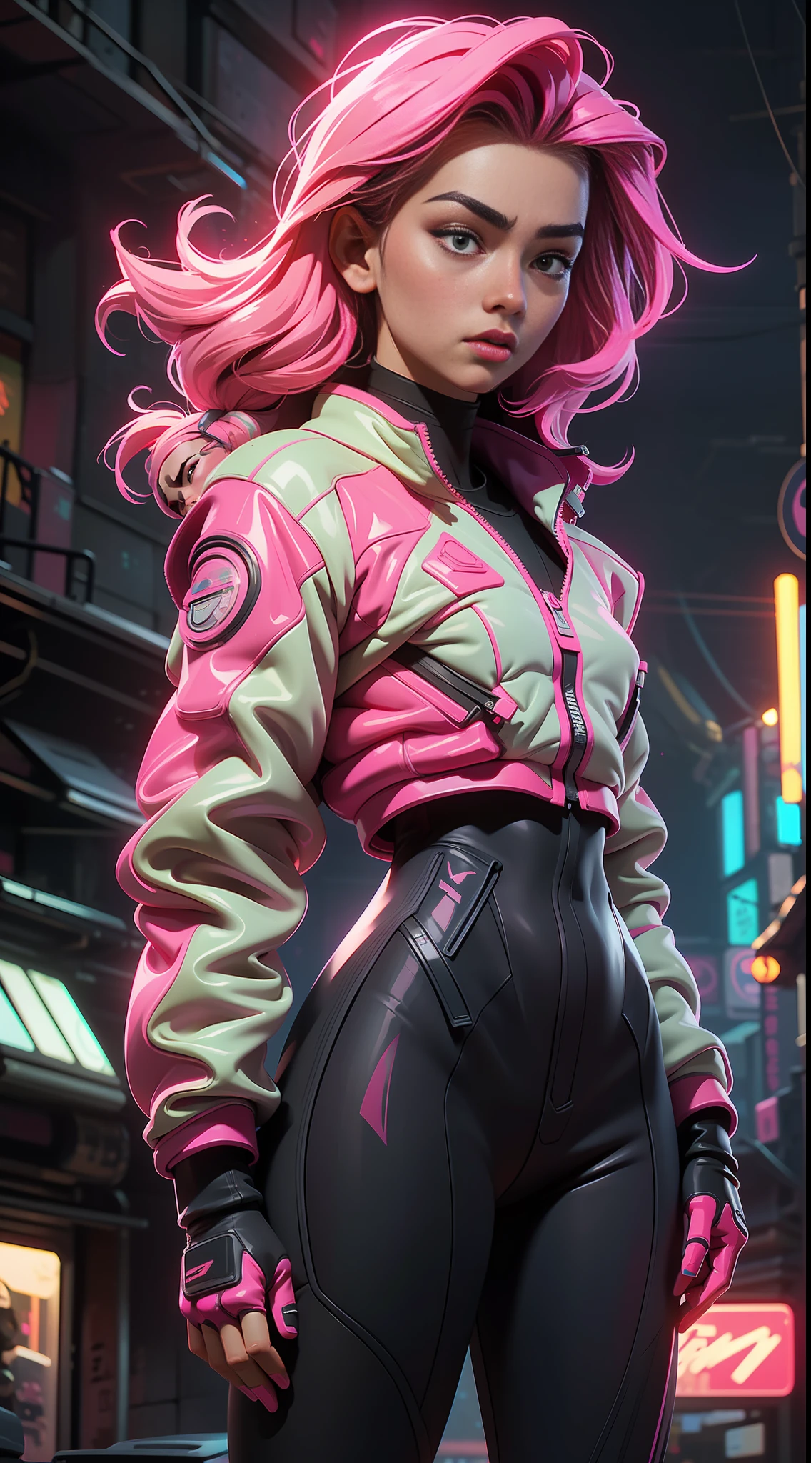 (best quality, masterpiece) scifi, futuristic, raw photo, 1girl with sexy laces clothes, (pink glossy hair) angry look, ultrasharp, (outline contourn) luminous paint, ultrasharp, particles, flares, neon Tokyo street background, many details in an amazing composition