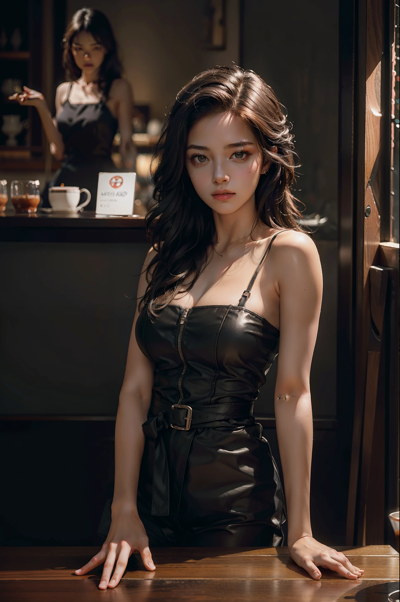 Best quality, masterpiece, ultra high res, (photorealistic:1.4), raw photo, 1girl, waist up, in coffeeshop, deep shadow, dark theme