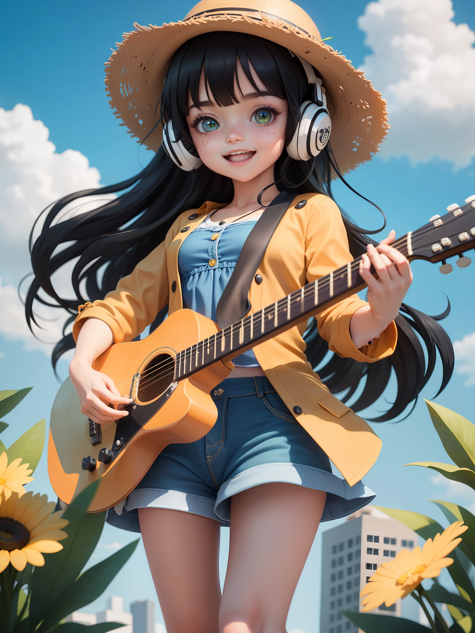 (Masterpiece), (Best Quality), (Super Detailed), (Full Body: 1.2), One Girl, Chibi, Cute, Smile, Open Mouth, On the roof of a building, Playing Electric Guitar, Music, Straw Hat, Electric Guitar, Jacket, 3, Shirt, Long Hair, Green Hat, Blur, Black Hair, Short Sleeves, Bangs, Headphones, Black Hair, Blue Sky, Summer, (Beautiful Detailed Face), (Beautiful Detailed Eyes),