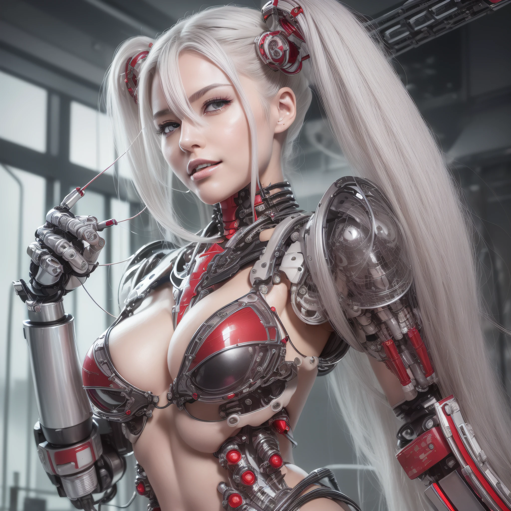 Beautiful Face,face is Japan, 1 Female, Big, Curvaceous, Top Quality, Masterpiece, Ultra Detailed, (Tube Attached Blood Vessel)((Bikini Cyborg Robot Parts)))), (Light Grey Hair), Long Hair, Wavy Hair, Twin Tails, Medium Shot, (((Seductive Smile)), (Black Eyes), Princess Cut,From Below, (whole body ),posing,,in the laboratory,( blood vessel connected to a tube),((mechanical vertebrae attached to the back)),((mechanical neck attached to the neck)),(wire cable attached to the head and body),(character focus),science fiction,