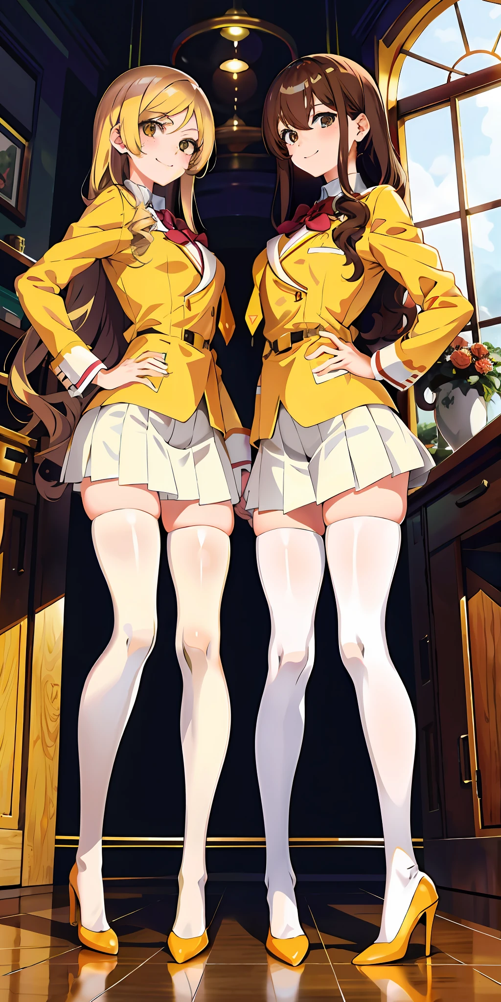 perfect anime illustration, 17 year old girls, medium breasts, 2girls, (1 blonde girl, 1 brown haired girl), twin sisters, rich girls, sexy schoolgirls, brown hair, blonde hair, curly hair, long hair, different hair colors, hazel eyes, smiling, white skin, school uniform, yellow blazer, white thigh high socks, high heels, matching outfits, highres, bedroom, full body