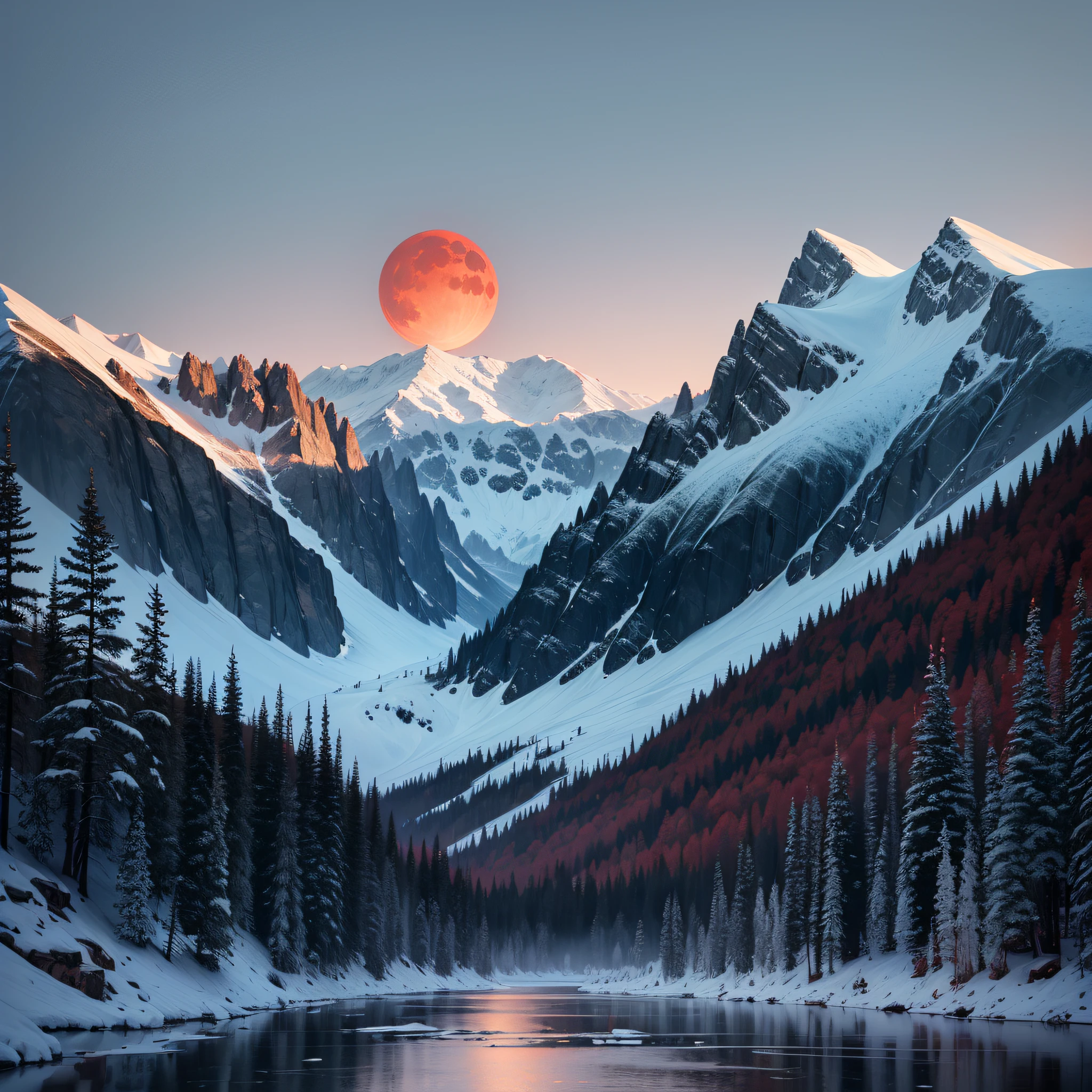 a red moon, an ice-covered one, a lake in front of the mountain, trees around the lake fallen leaves --auto --s2