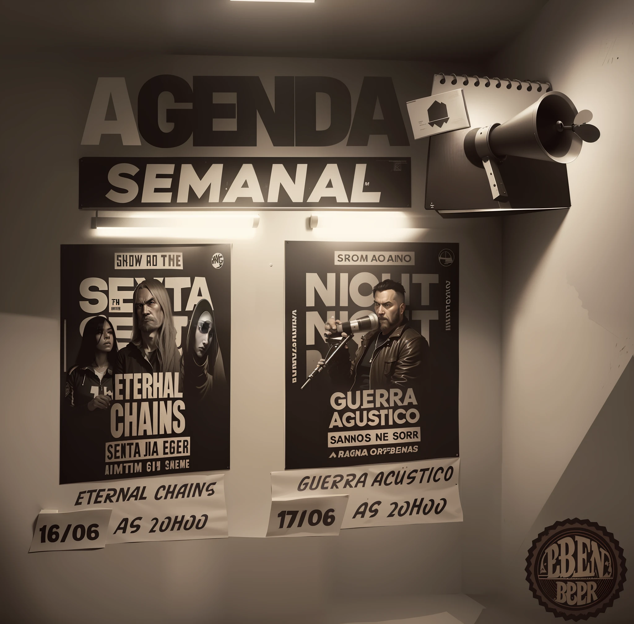 there are two posters on the wall with a megaphone and a notepad, promo, nigth, album, promo material, by Fernando Gerassi, by Ric Estrada, ad image, night!, by Robert Combas, event, epk, desna, poster!!!, by Bernard Accama, sepia, sepia tone, youtube thumbnail