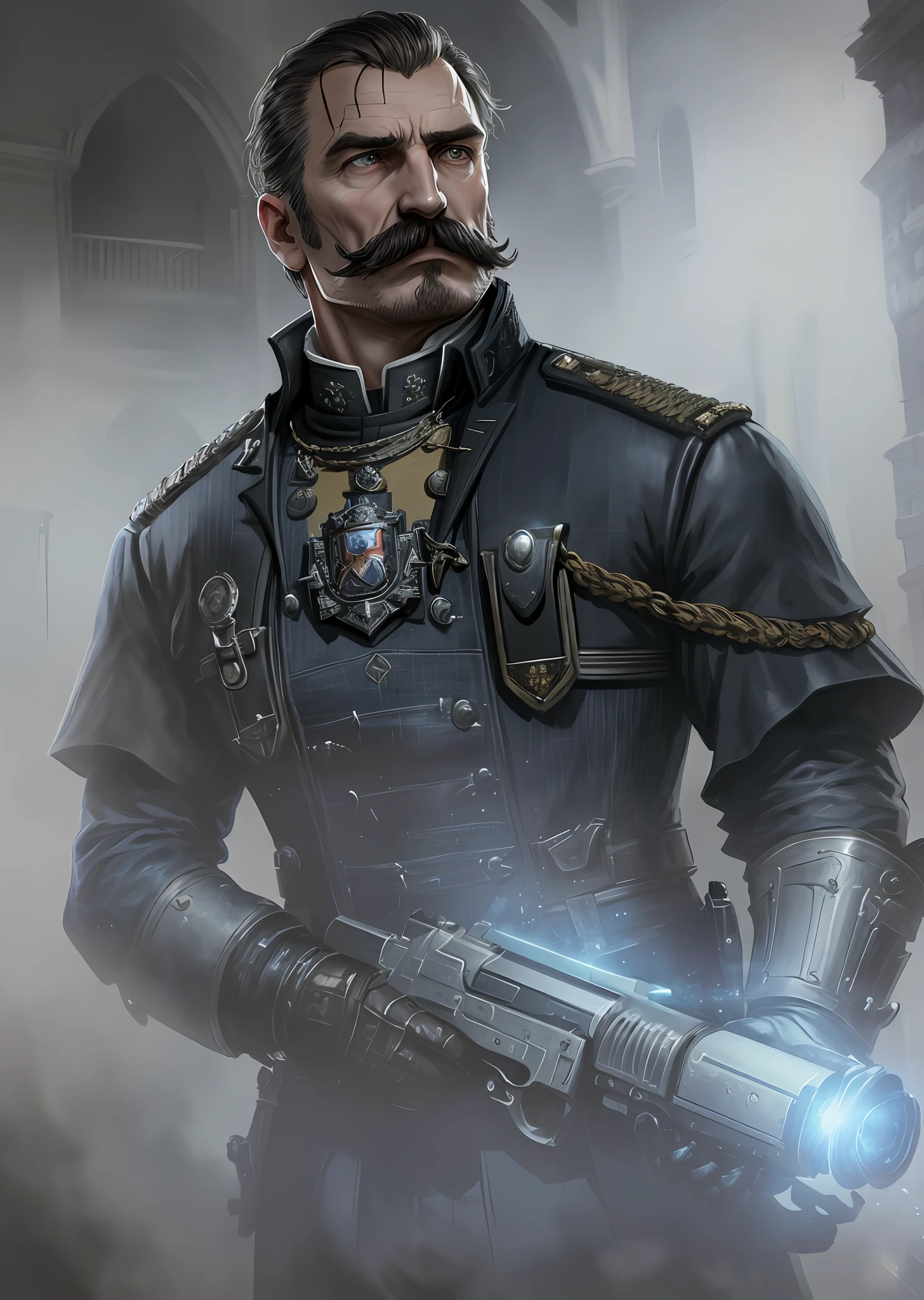 Portrait The order 1886(game), Sir Galahad (The order 1886), Walrus mustache, holding a ray gun in his hands, London street in the Victorian era at night, dark, haunting streets, a man in costumes from Game The Order 1886, costumes in black and gold.