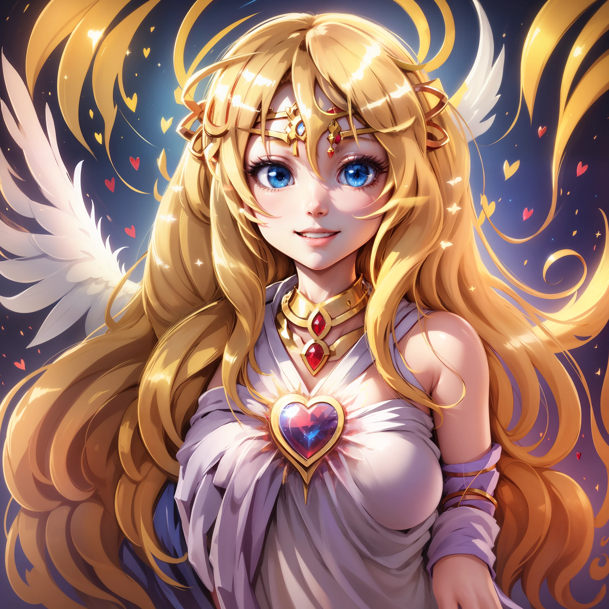 Anime girl, goddess, angel, yellow long hair, big blue eyes, ruby over her eyes, halo over her head, holding her heart, blue bracelet on her arm, ruby amulet, white big wings, against the background of yellow paradise, smiling, sweet, divine, beautiful shader, saturated colors, bright colors, 4k, young, loli