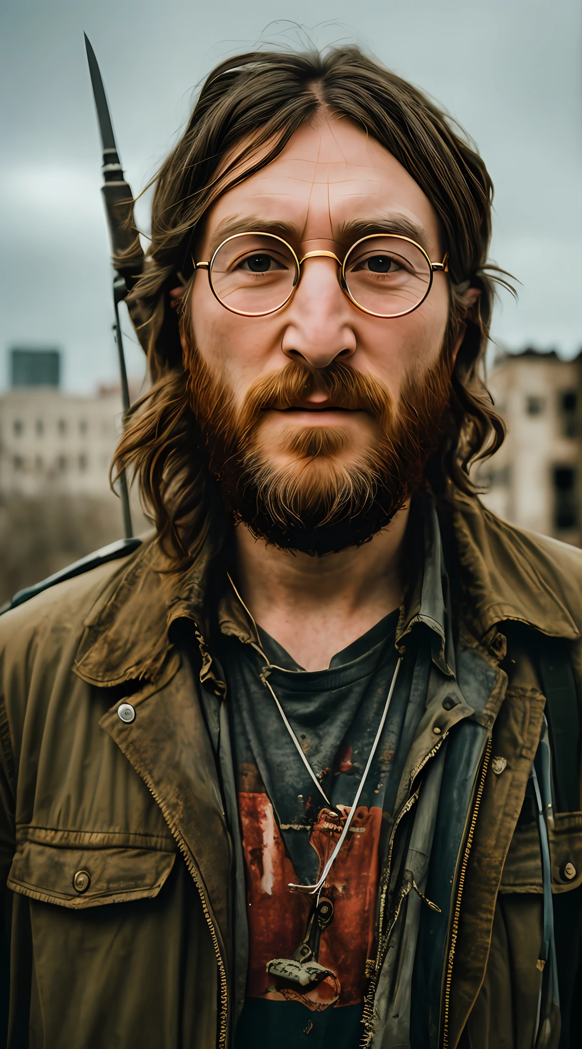 close-up portrait of John Lennon with a long beard in an abandoned city covered in bloody cuts, dslr, downtown, abandoned brutalist buildings covered in bush in the background, post-apocalyptic, fire damage, archer, survivor, war photography, highly detailed, film, fujifilm, cinematic lighting