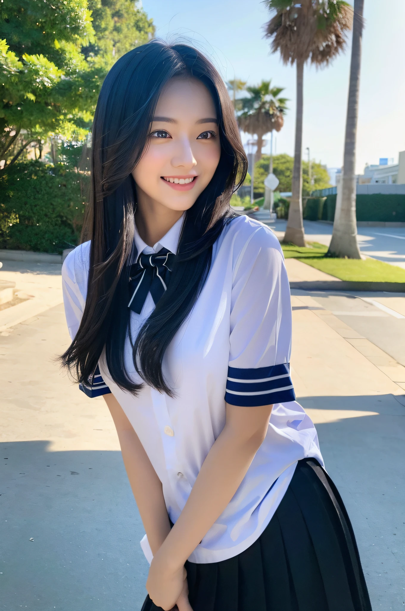 (8k, highest quality, masterpiece: 1.2), ultra detail, highest quality, ultra high resolution, professional lighting, photon mapping, radiosity, physically based rendering, cinematic lighting, depth of field, focusing, sun rays, good composition, (bokeh: 1.2), 1 girl, (full body), smile, beautiful eyes, pose, constriction, black hair, bob hair, school uniform, beach