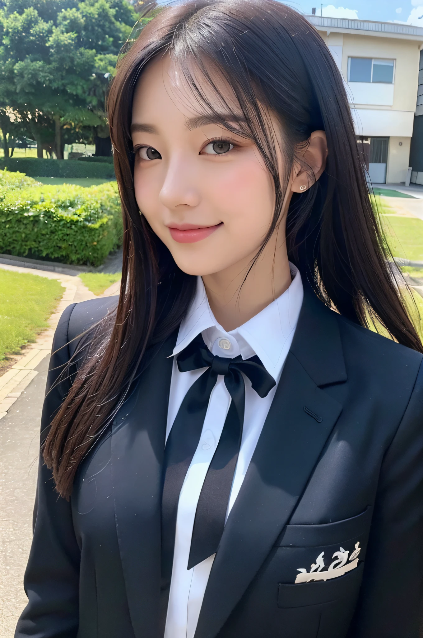 (8k, highest quality, masterpiece: 1.2), ultra detail, highest quality, ultra high resolution, professional lighting, photon mapping, radiosity, physically based rendering, cinematic lighting, depth of field, focusing, sun rays, good composition, (bokeh: 1.2), 1 girl, (full body), smile, beautiful eyes, pose, constriction, black hair, bob hair, school uniform, beach