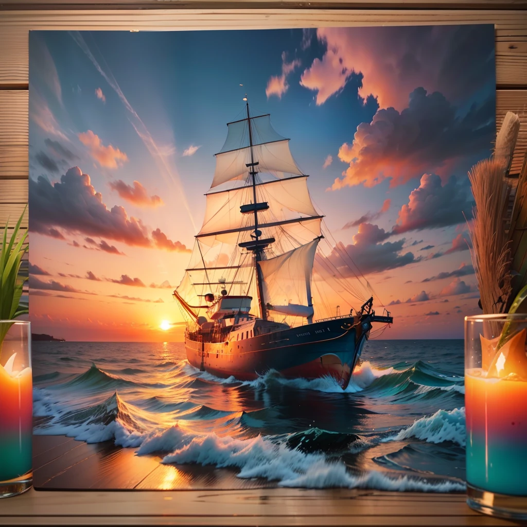 Create a maritime scene with a stunning sunset. Use vibrant colors to represent the sky, the sea, and the surrounding landscape. --auto --s2