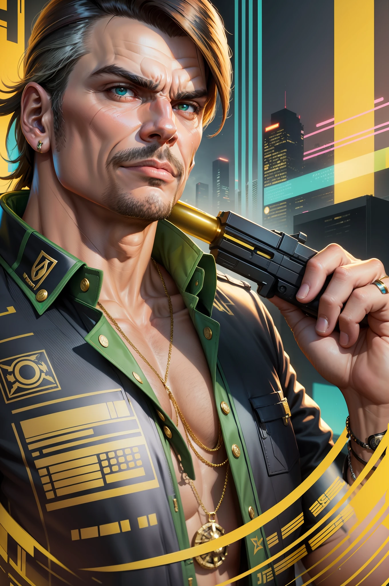 "a masterpiece of President Bolsonaro, impeccable quality, cyberpunk style 2077, elaborate background, gold band around his chest, vibrant and striking portrait."