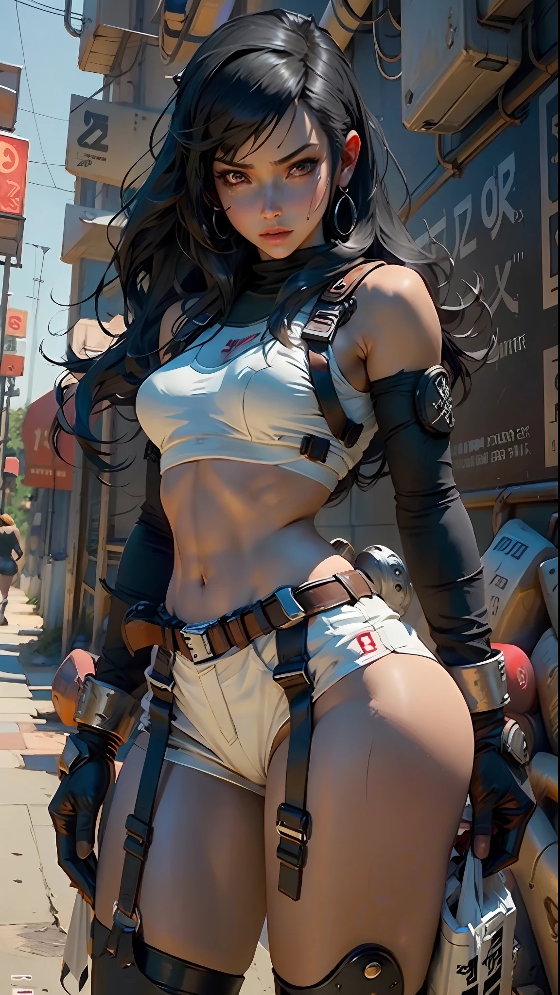 Woman body defined thick thighs cybernetic body parts, short underwear, tifa lockhart, long black hair, red eyes