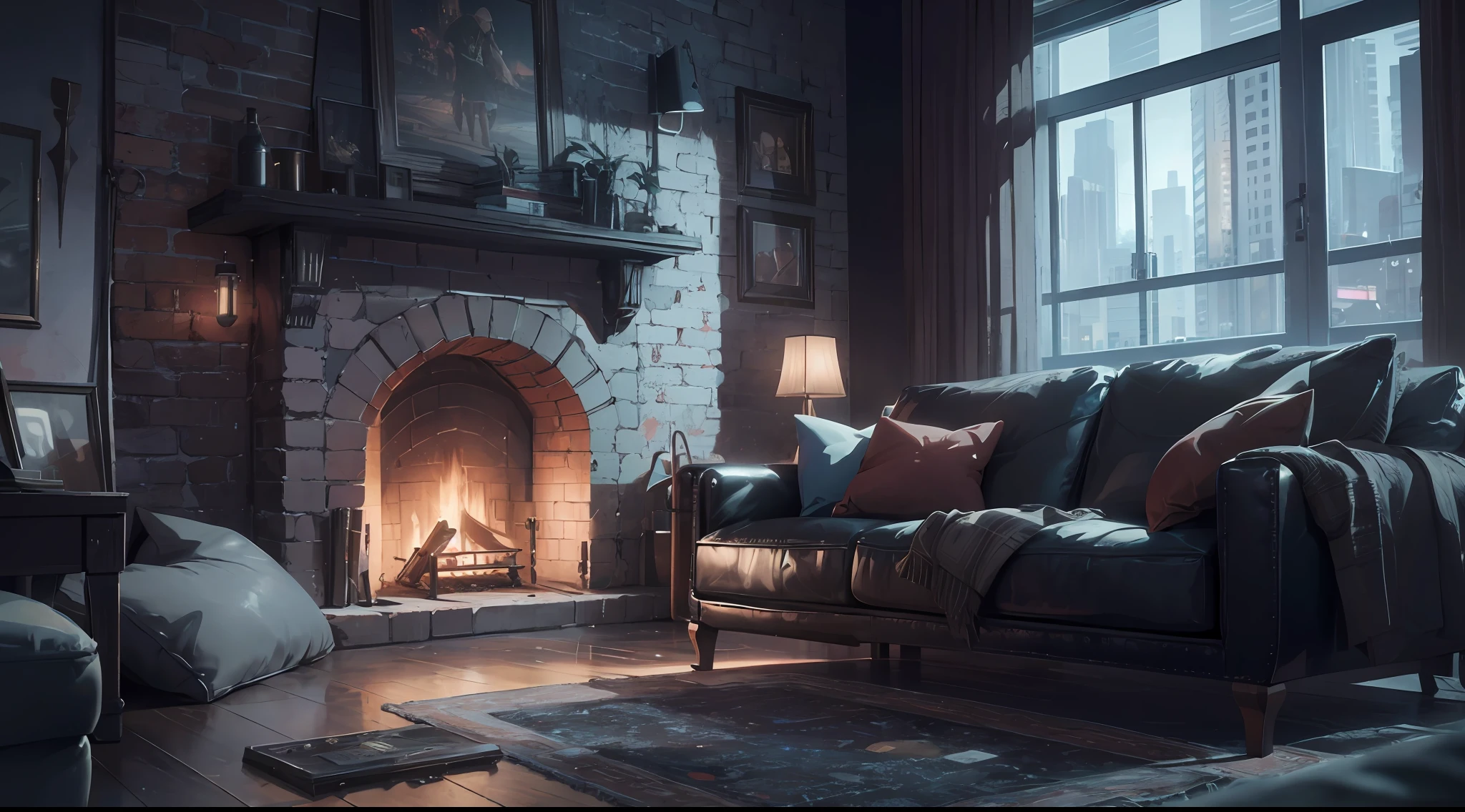 This old living room night a sofa ,a tv with transparent glass windows that illuminate the gloomy night environment, where there is a fireplace lit, offering a cozy and cozy comfort around it((best quality))((Best quality)), ((masterpiece)), (detailed: 1.4), 3D, an image of a beautiful cyberpunk woman,HDR (High Dynamic Range),Ray Tracing,NVIDIA RTX, Super-Resolution,Unreal 5,Subsurface Dispersion, PBR Texture, Post-processing, Anisotropic filtering, Depth of field, Maximum clarity and sharpness, Multilayer textures.