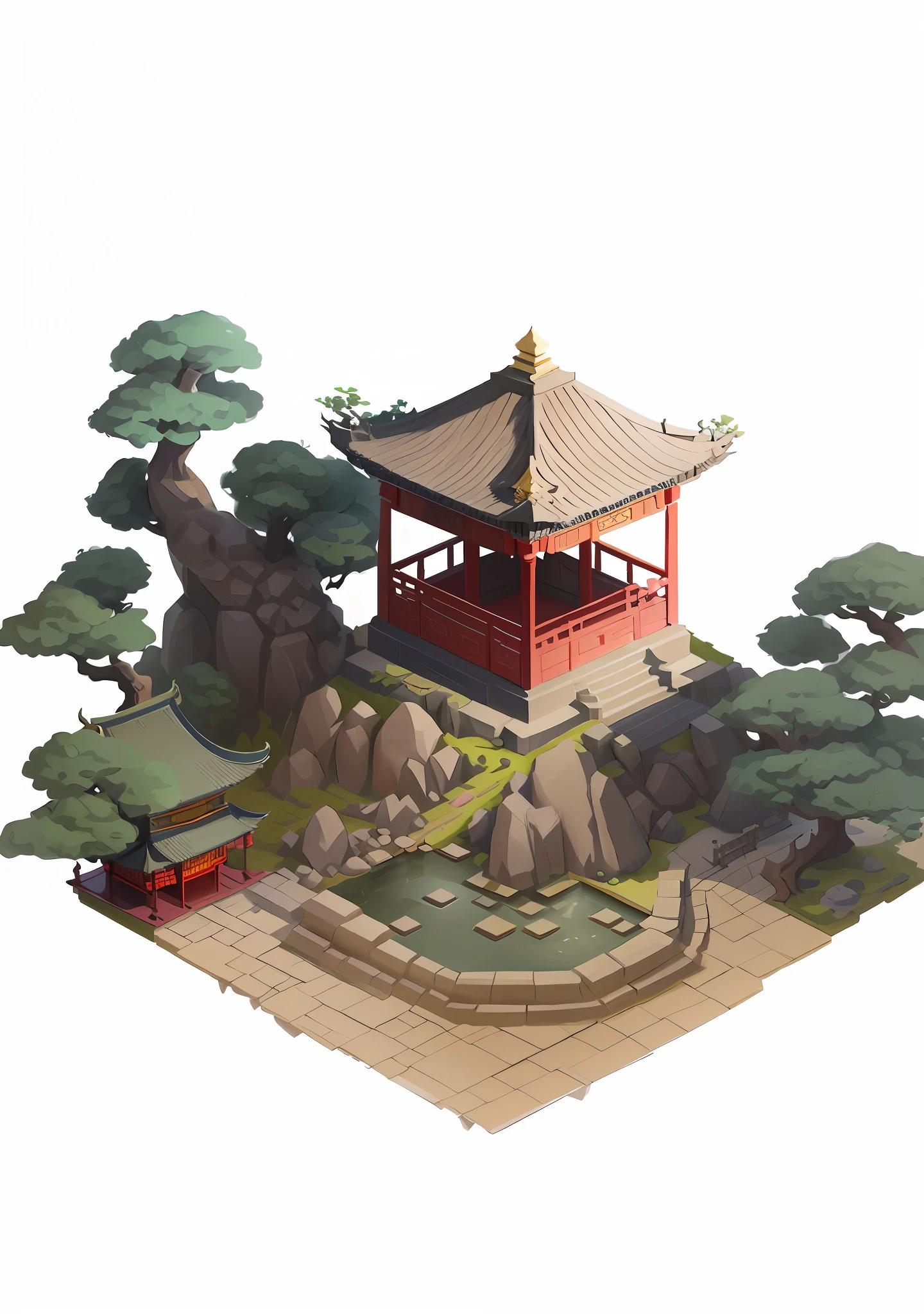 there is a small pagoda on a small island with trees, digital painting of a pagoda, chinese building, environment design illustration, isometric game art, painted as a game concept art, background depicting a temple, stylized concept art, dojo on a mountain, isometric 2 d game art, beautiful render of tang dynasty, pagoda, isometric palace, isometric art