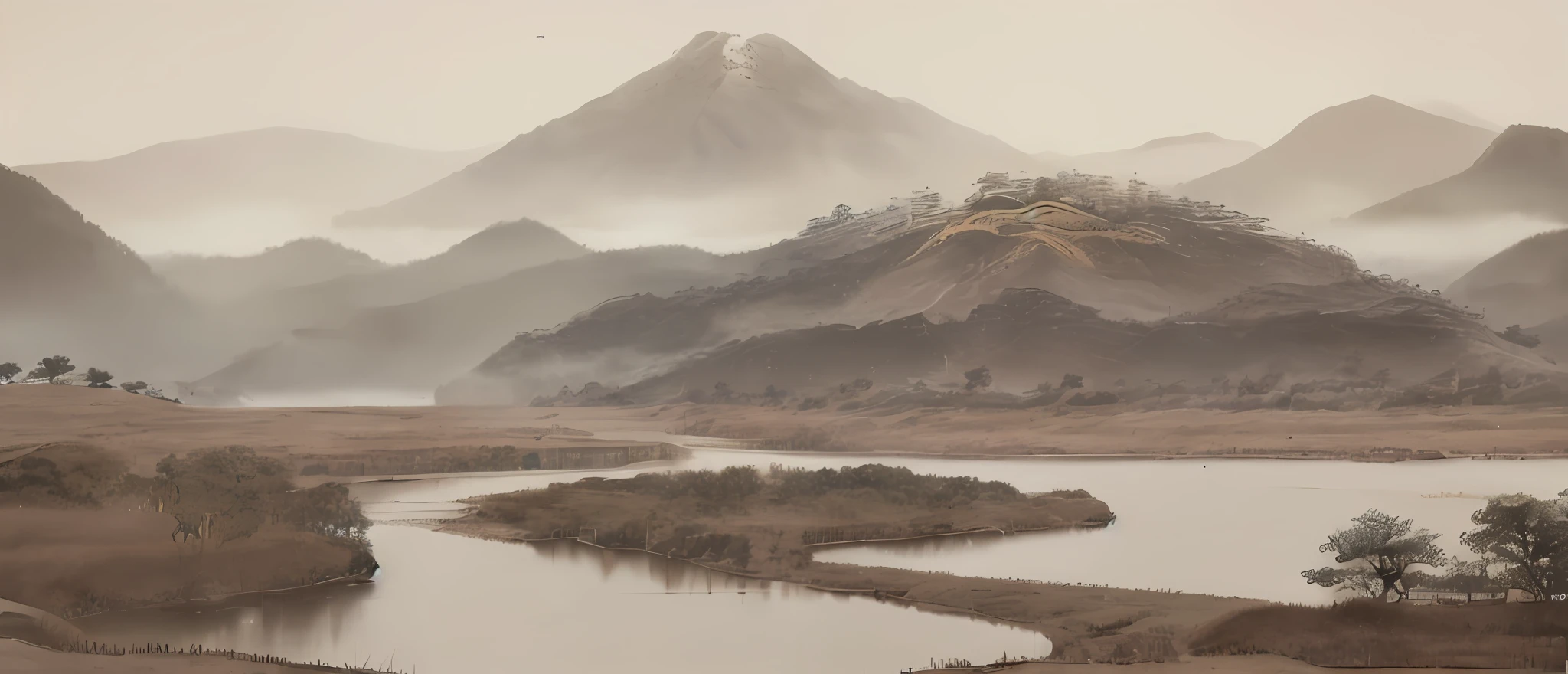 there is a painting of a mountain range with a river in the foreground, korean artist, jiyun chae, mist, lu ji, jin shan, (mist), by Yun Du-seo, zhuoxin ye, su fu, inspired by Huang Binhong, inspired by Liu Jun, artwork in the style of z.w. gu, bo xun ling