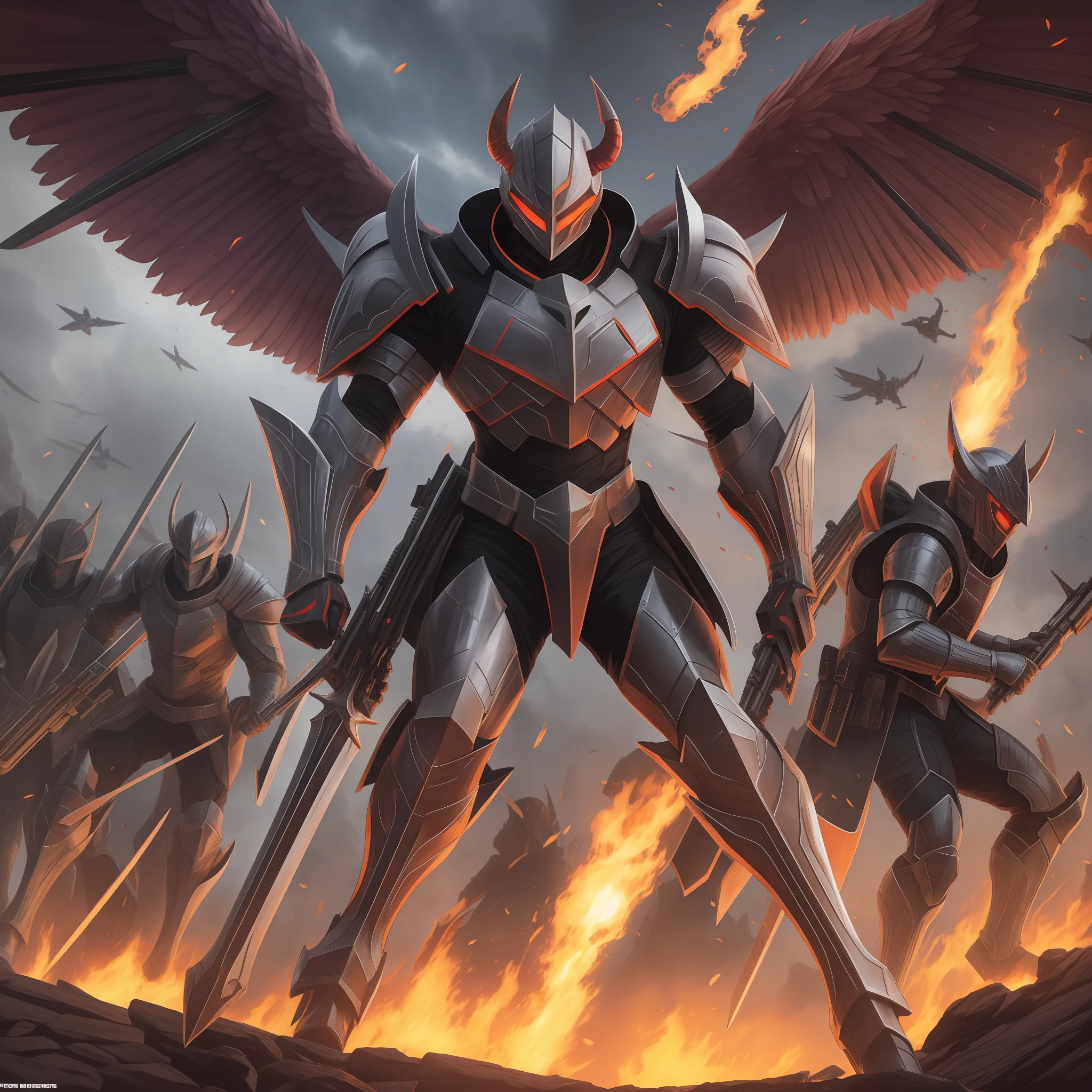 Demon in tactical suit using futuristic weapons on top of the hill as he faces horde of angels with flaming swords and medieval armor --auto --s2