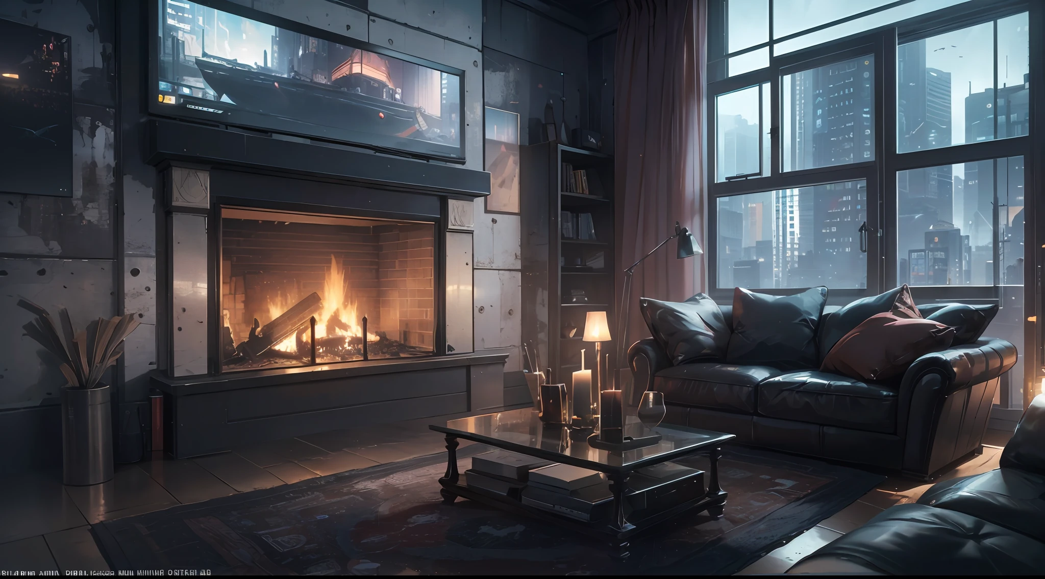 This old living room night a sofa ,a tv with transparent glass windows that illuminate the gloomy night environment, where there is a fireplace lit, offering a cozy and cozy comfort around it((best quality))((Best quality)), ((masterpiece)), (detailed: 1.4), 3D, an image of a beautiful cyberpunk woman,HDR (High Dynamic Range),Ray Tracing,NVIDIA RTX, Super-Resolution,Unreal 5,Subsurface Dispersion, PBR Texture, Post-processing, Anisotropic filtering, Depth of field, Maximum clarity and sharpness, Multilayer textures.