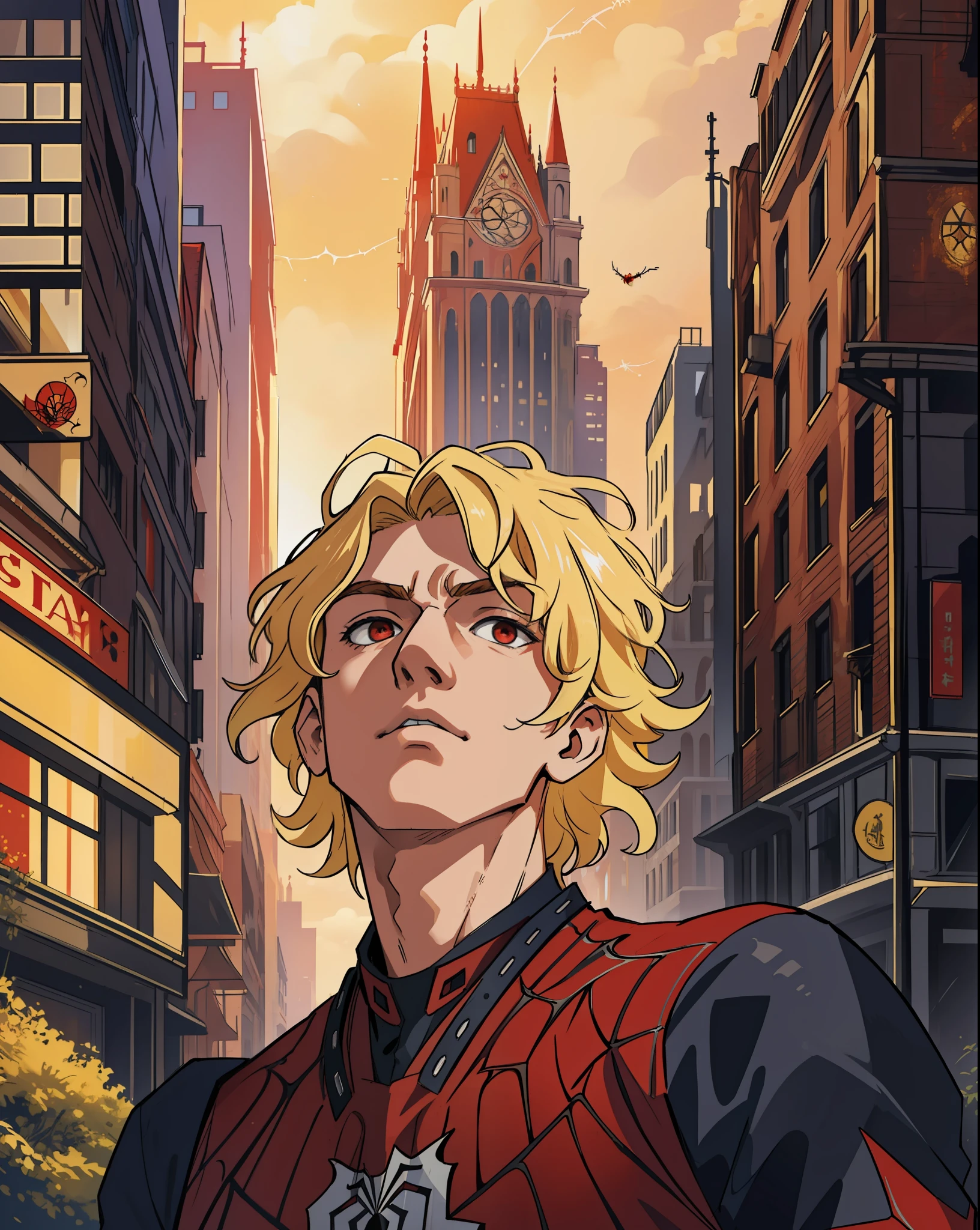 (masterpiece, best quality), intricate details, 8k, artstation, wallpaper, official art, splash art, sharp focus,
1boy, blonde hair, red eyes, hair split in half
spider suit, spider web printing, spider web,
skyscrapers, city, buildings, cars, street,